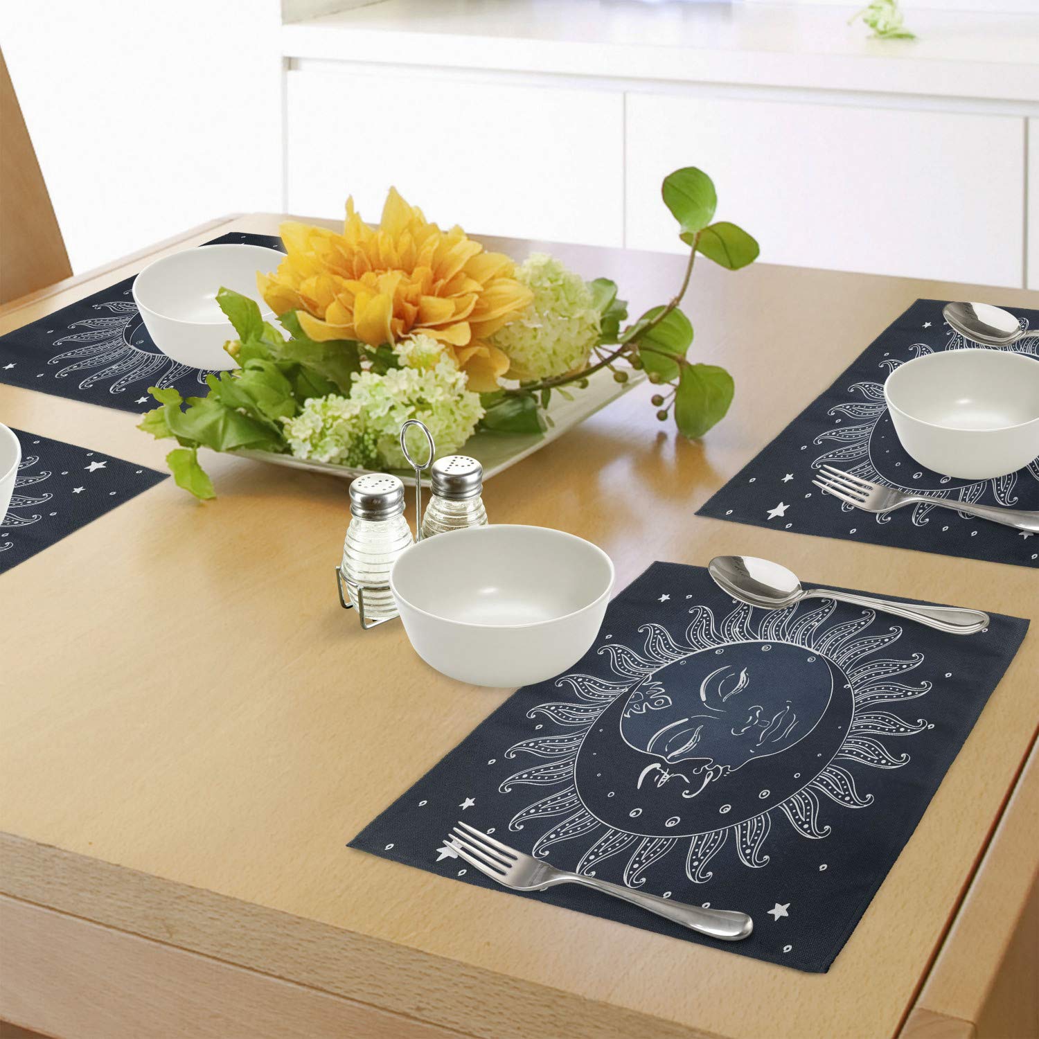 Lunarable Sun and Moon Place Mats Set of 4 - Celestial Theme Washable Fabric Placemats for Dining Room & Kitchen Table Decor in Slate Blue, Dark Blue & White | Perfect for Dinner Parties, Holiday Gatherings & Everyday Use