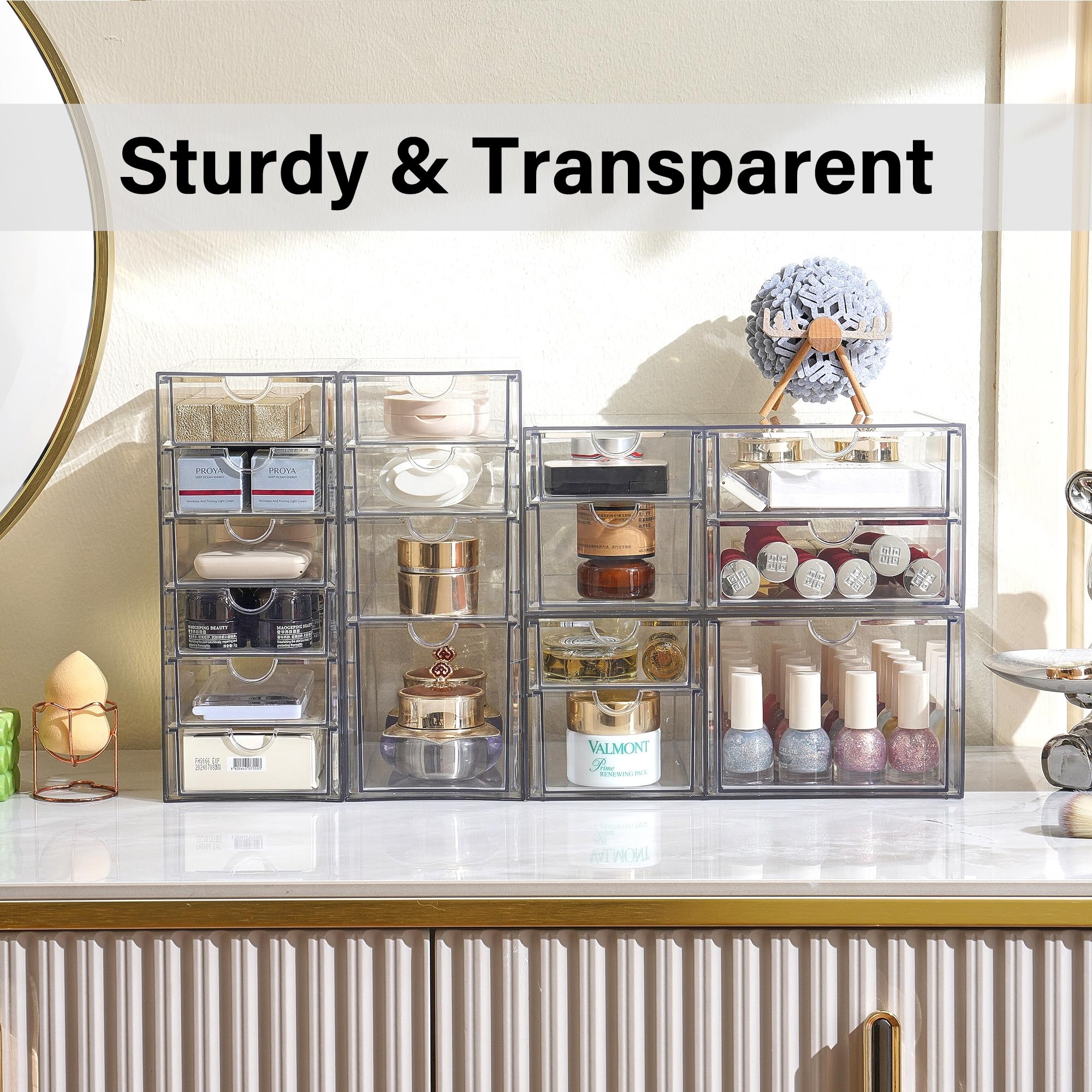17-Drawer Acrylic Stackable Storage Organizer Set of 4 - Clear Desk Drawers for Makeup, Jewelry, Art Supplies & Office Accessories - Perfect for Vanity Countertop, Craft Room & Home Organization