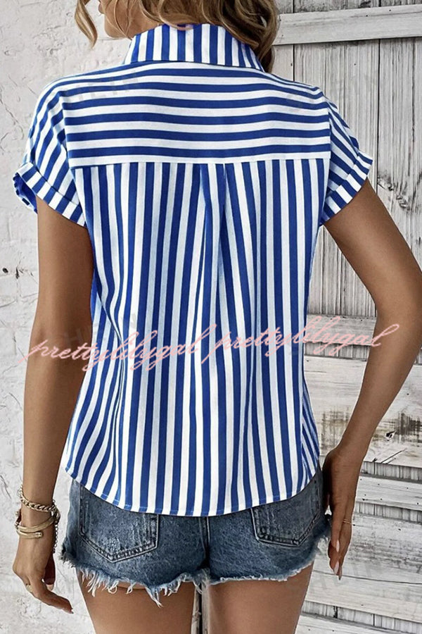 Men's Striped Print Short Sleeve Pocket Shirt - Casual Summer Button Down Top for Beach, Office & Outdoor Activities