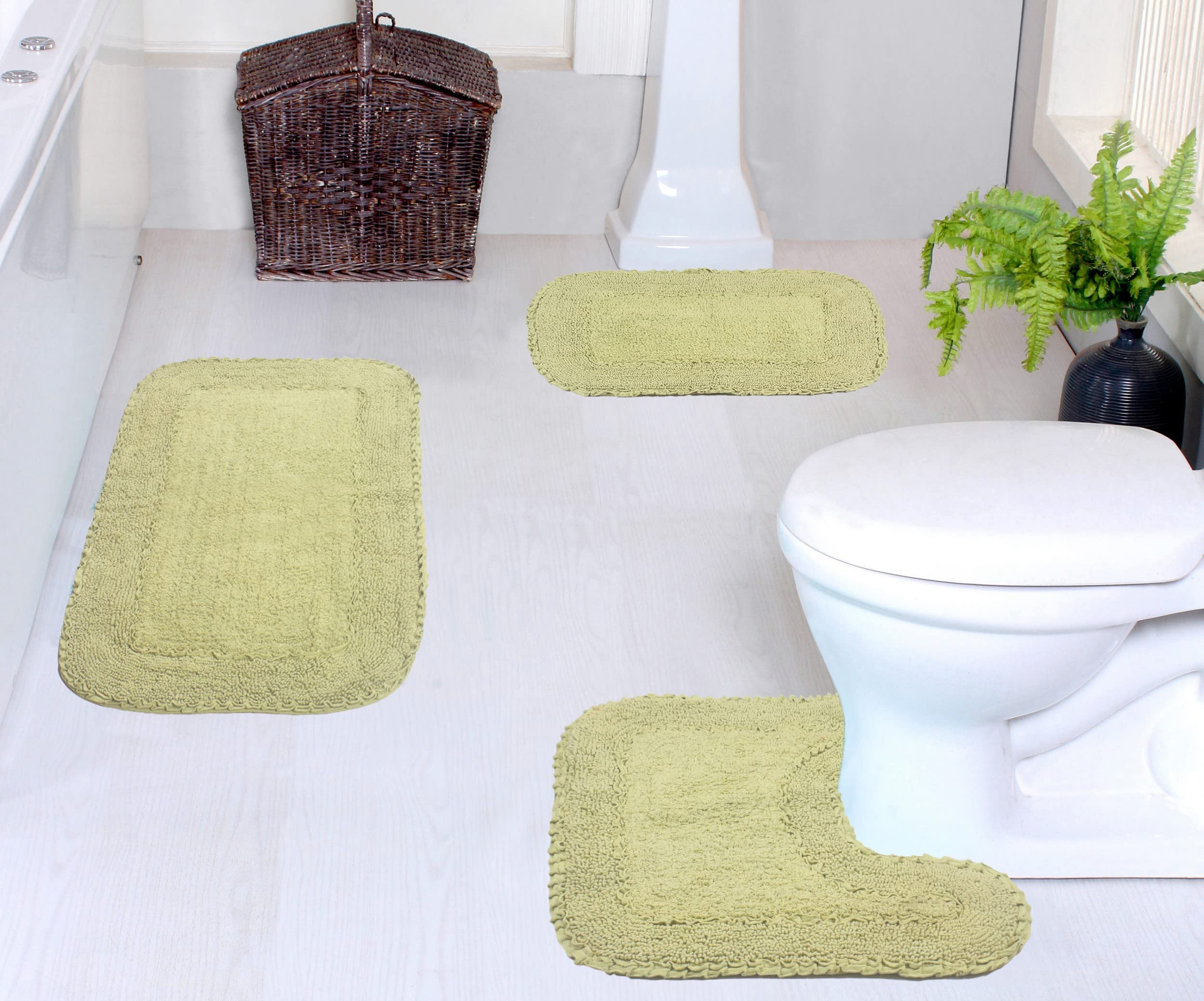 Premium 100% Cotton Bathroom Rugs Set - Ultra Soft, Absorbent & Washable - Non-Slip Bath Mat for Bathroom & Kitchen - 3 Piece Contour Set (Green) - Perfect for Spa-Like Comfort & Safety in Wet Areas