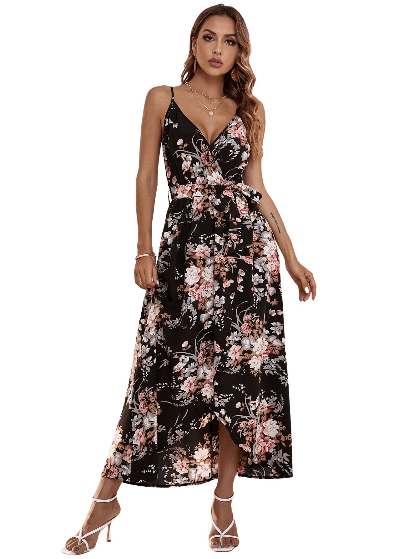 SweatyRocks Women's Floral Wrap Dress - Sleeveless V-Neck Tie Front Maxi Dress for Summer, Beach, Wedding & Special Occasions