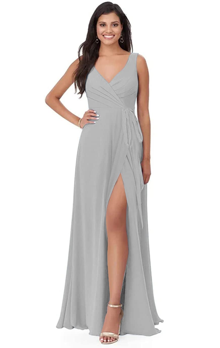 Elegant Split V Neck Chiffon Bridesmaid Dress - Long A-Line Formal Evening Gown for Women with Pleated Detail & Adjustable Belt | Perfect for Weddings, Prom, Cocktail Parties & Special Occasions