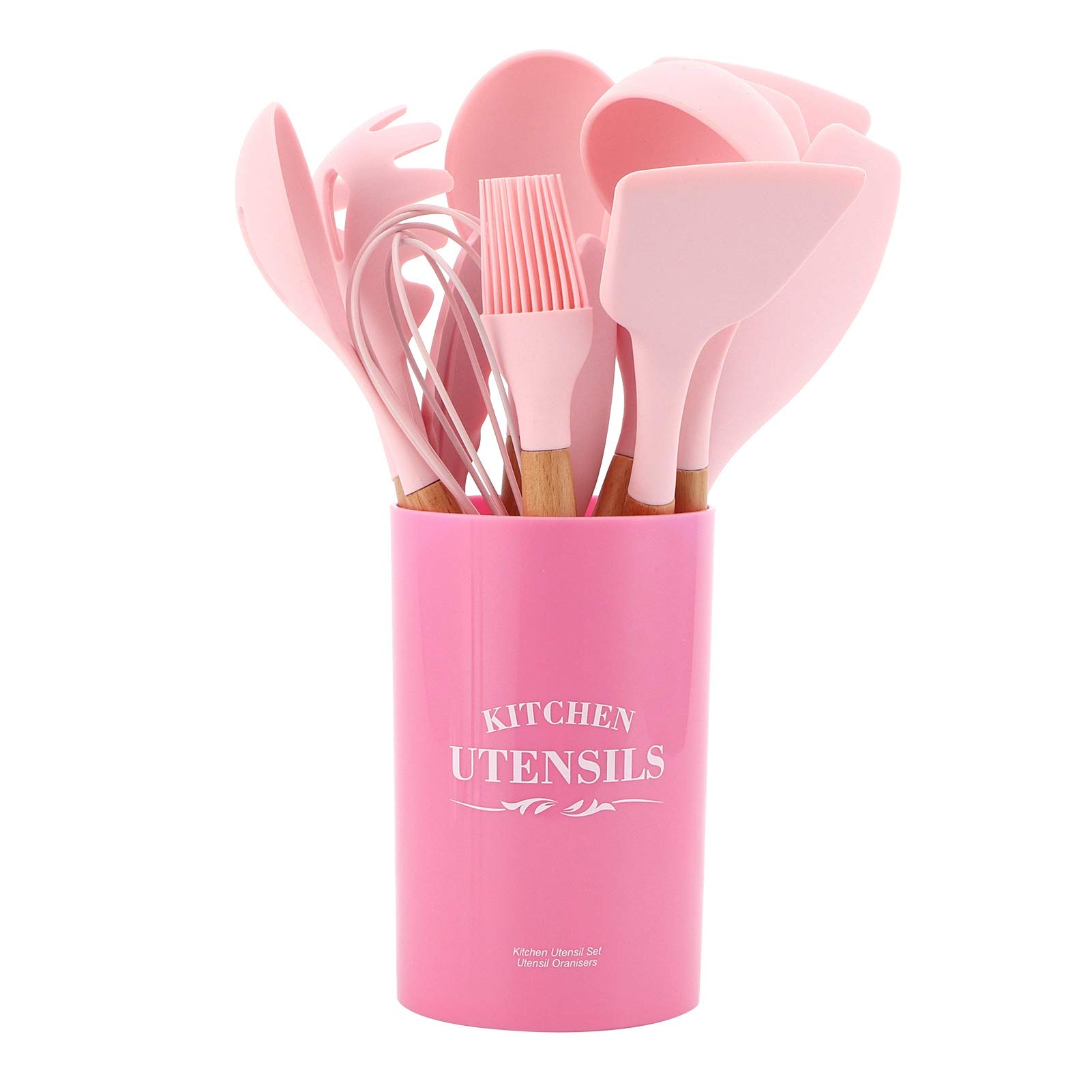 12-Piece Silicone Kitchen Utensil Set - Heat Resistant Non-Stick Baking Spatula, Spoon & Egg Whisk with Storage Container (Pink) - Perfect for Baking, Cooking & Kitchen Organization