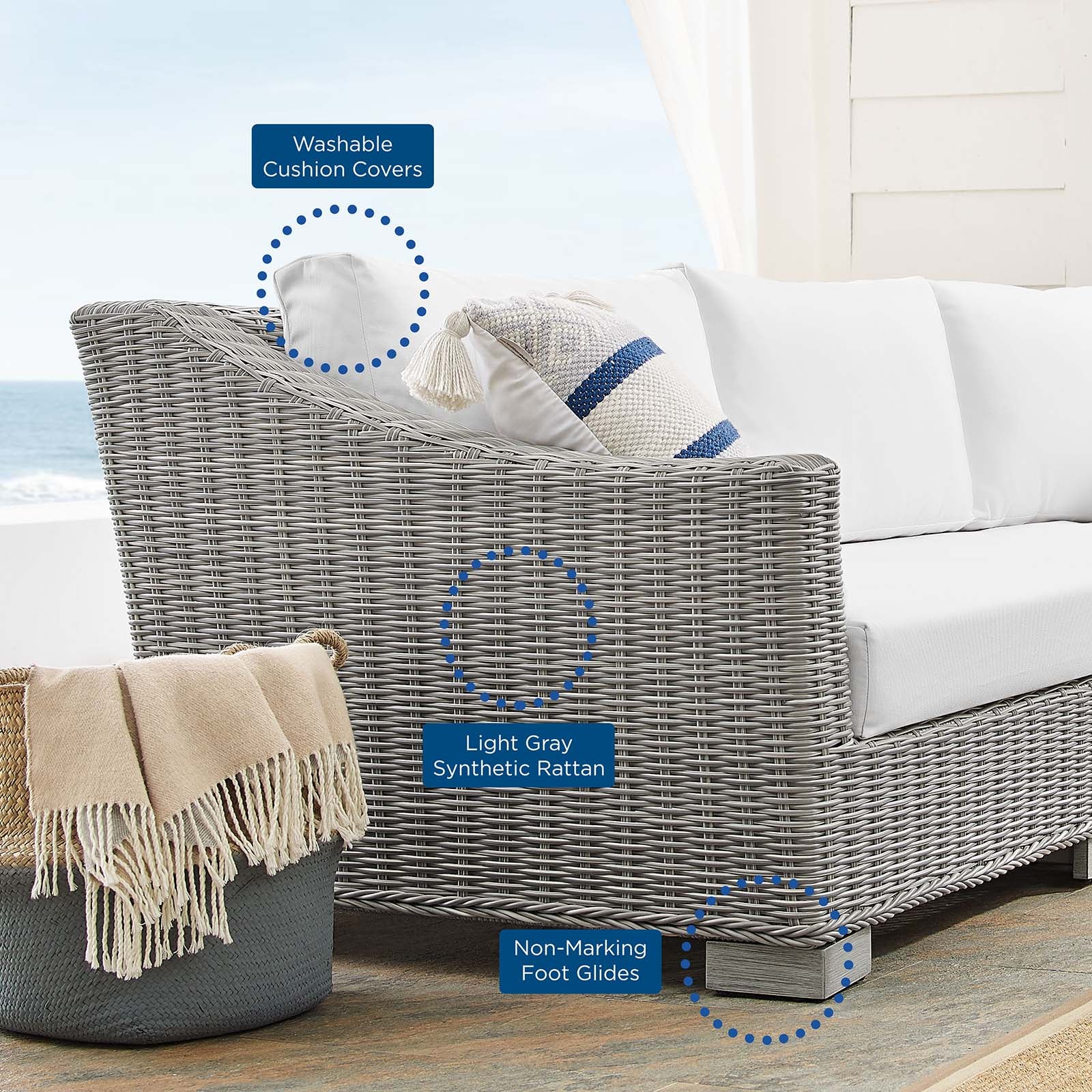 Premium Conway Sunbrella® Outdoor Patio Wicker Rattan 5-Piece Sectional Sofa Set - Waterproof & UV Resistant - Perfect for Backyard, Garden, and Poolside Relaxation