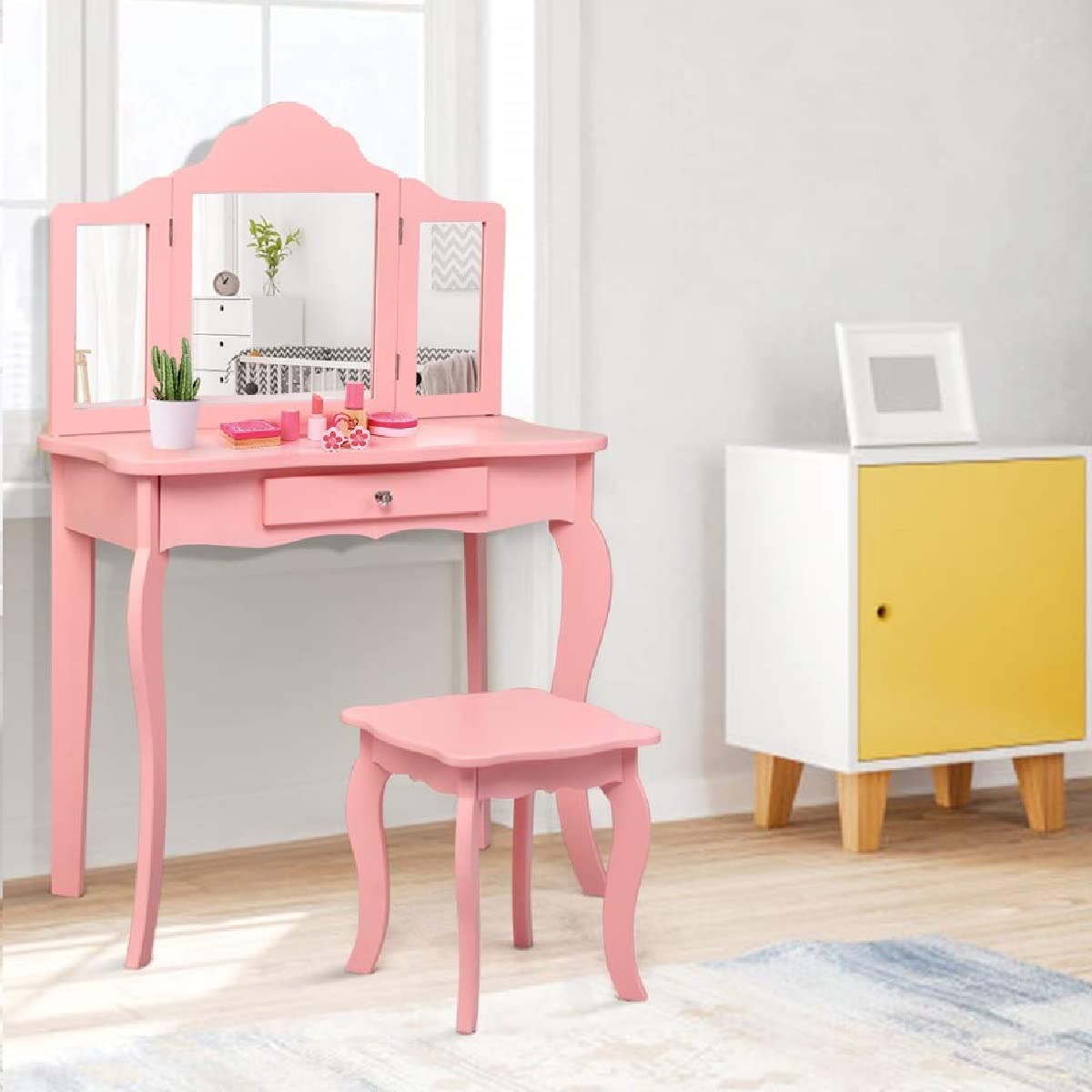 INFANS Kids Wooden Princess Vanity Table & Chair Set - 2-in-1 Toddler Vanity with Stool, Tri-Folding Mirror & Large Drawer - Pretend Play Beauty Makeup Dressing Set for Little Girls - Perfect for Bedroom Decor, Birthday Gifts & Role Play Activities