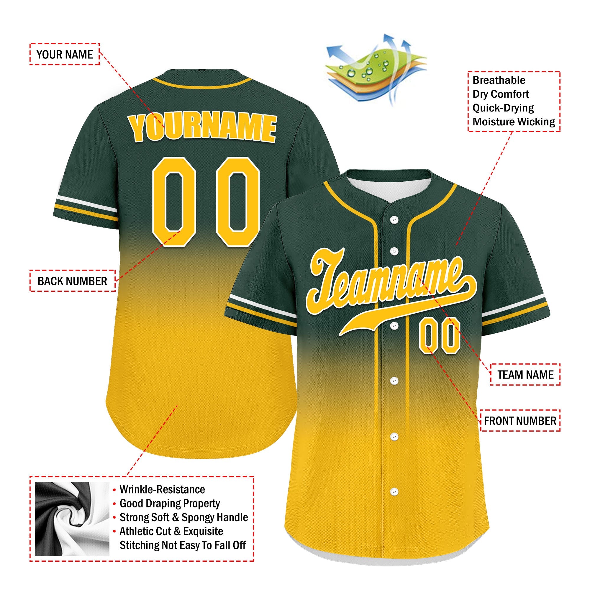Custom Green & Yellow Fade Personalized Authentic Baseball Jersey - UN002 - Perfect for Team Sports, Fan Events & Casual Wear