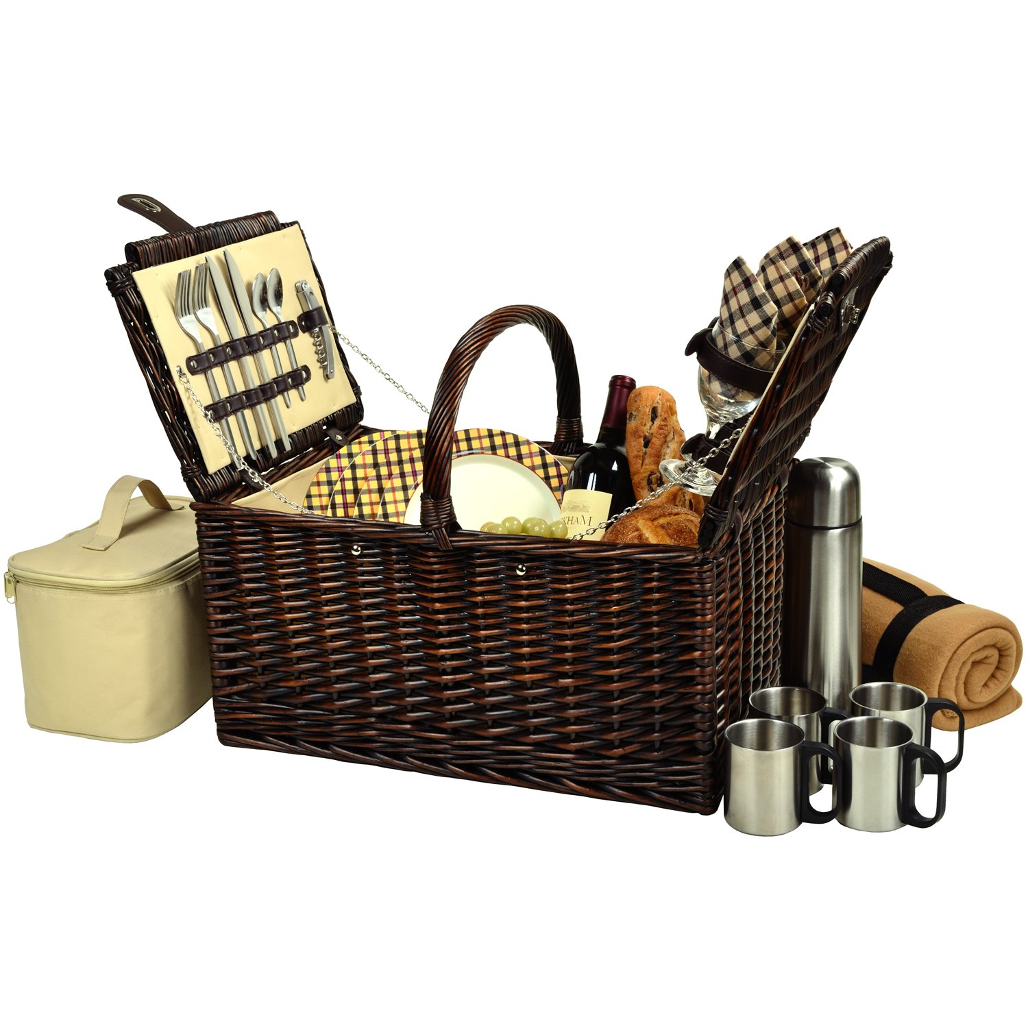 Premium Willow Picnic Basket Set for 4 - Includes Blanket & Coffee Service - Handcrafted in USA | Perfect for Outdoor Dining, Beach Picnics & Romantic Getaways