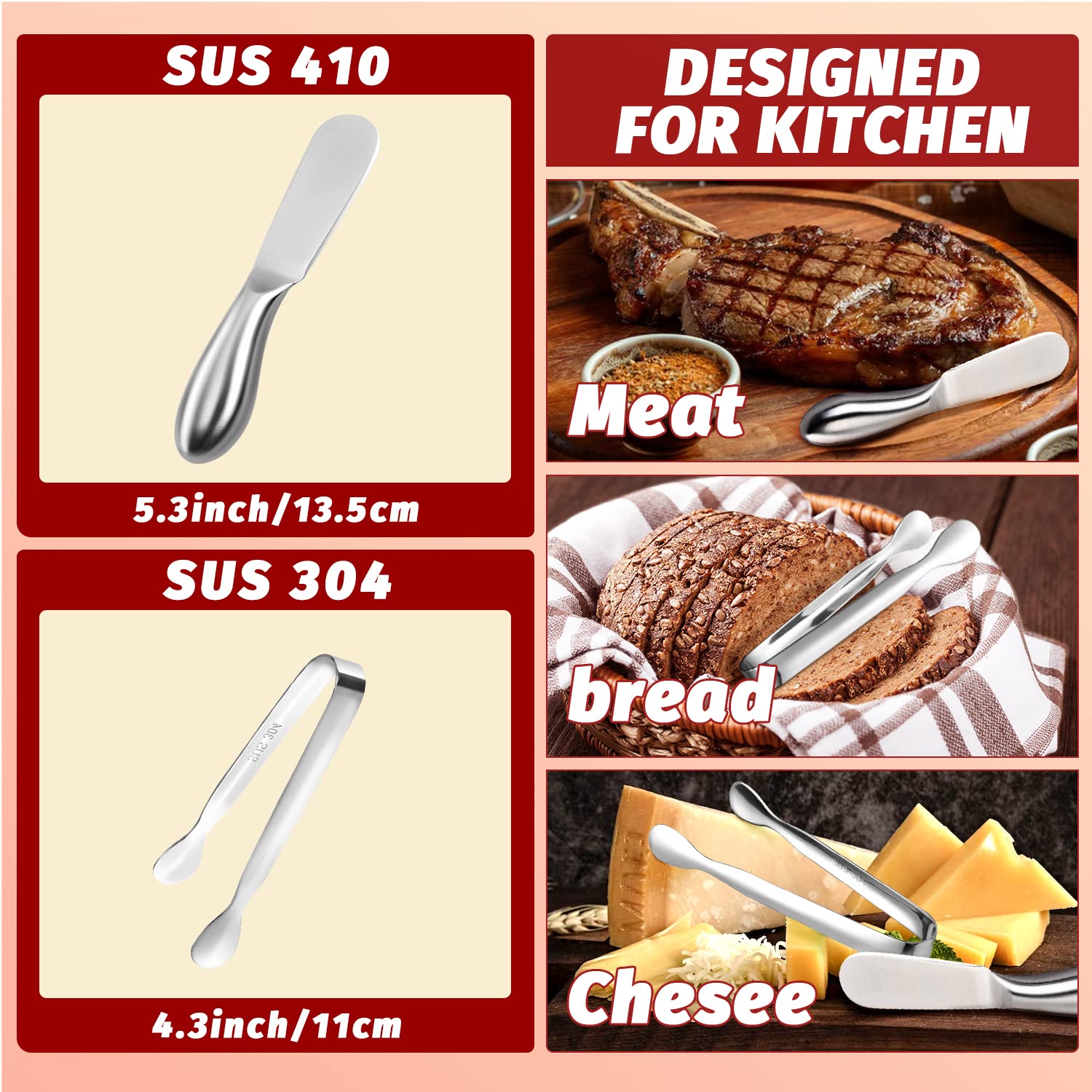 8-Piece Stainless Steel Butter Spreader Knife Set with Mini Serving Tongs - Perfect for Cheese, Jam, Butter, Appetizers & Charcuterie Boards - Ideal for Kitchen, Dining & Entertaining
