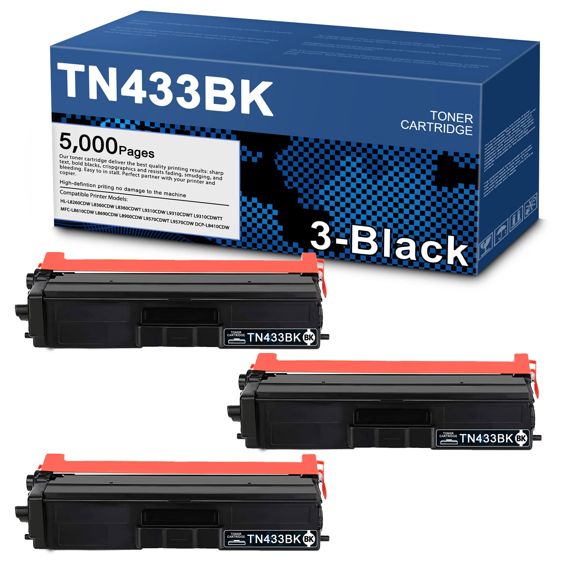 DIOUSAINK 3-Pack Black TN433BK High Yield Toner Cartridge - Compatible with Brother TN433 for HL-L8360CDW, L9310CDWT, MFC-L8610CDW, L9570CDWT Printers - Perfect for Office & Home Printing Needs