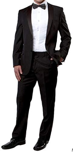 Men's Classic Black 5-Piece 1-Button Tuxedo Suit Set with Dress Shirt, Bow Tie & Cummerbund | Formal Wedding, Prom, Black Tie Event Attire
