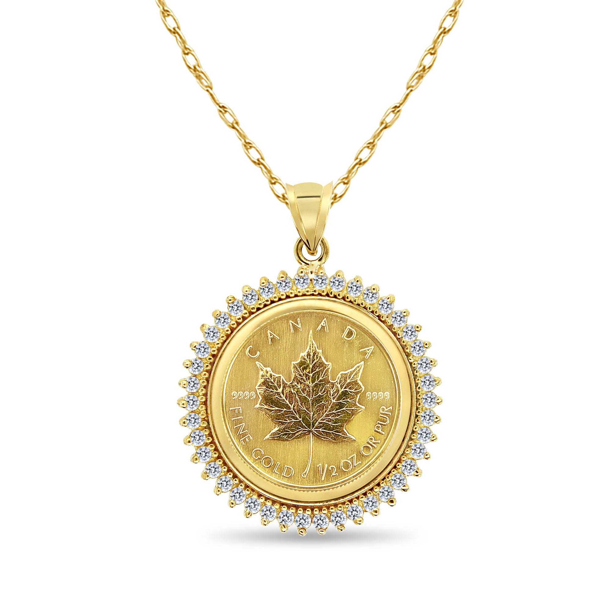 1/2OZ Fine Gold Canadian Maple Leaf Diamond Coin Necklace – Elegant Jewelry Gift for Women, Perfect for Anniversaries, Birthdays & Special Occasions