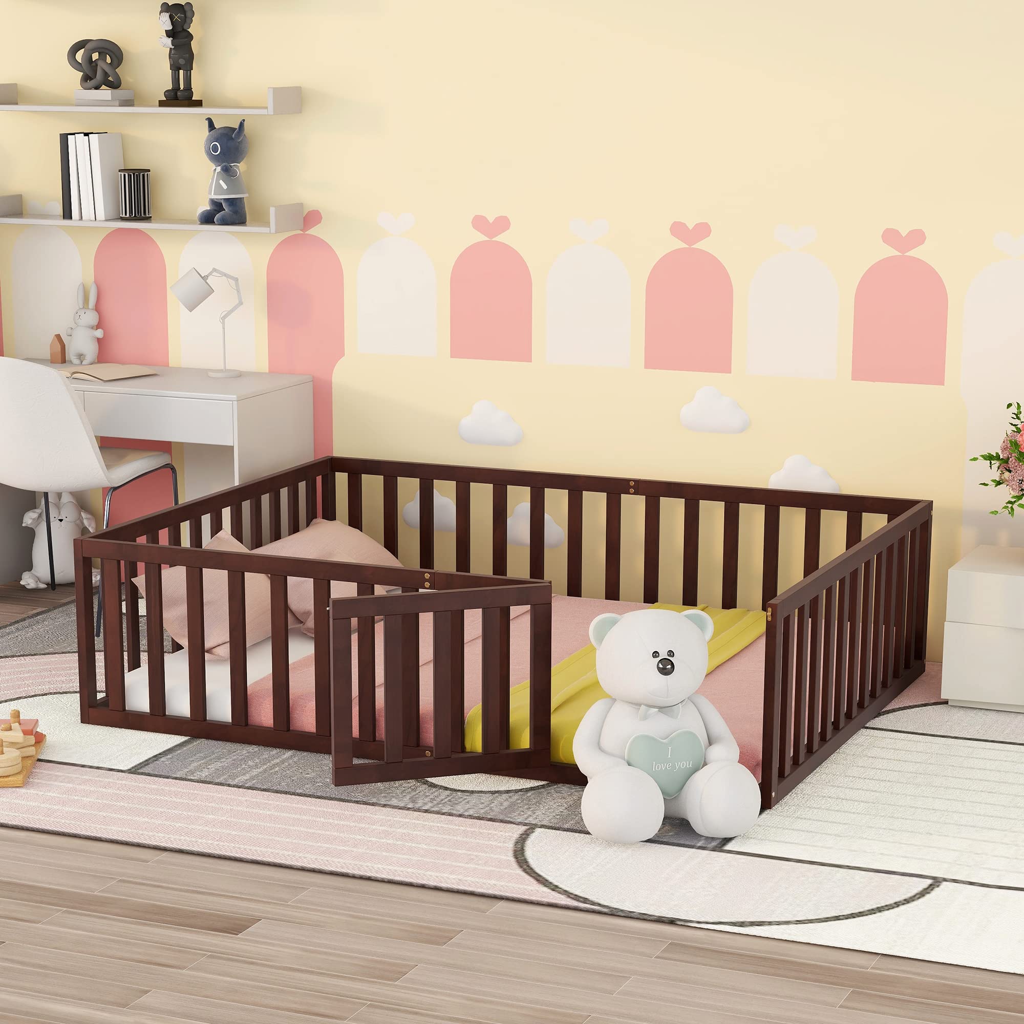 SOFTSEA Queen Floor Bed with Fence & Door - Sturdy Wooden Bed Frame for Kids & Teens - Low Profile Mattress Foundation (Spring Required) - Perfect for Montessori Rooms, Small Spaces & Sleep Safety