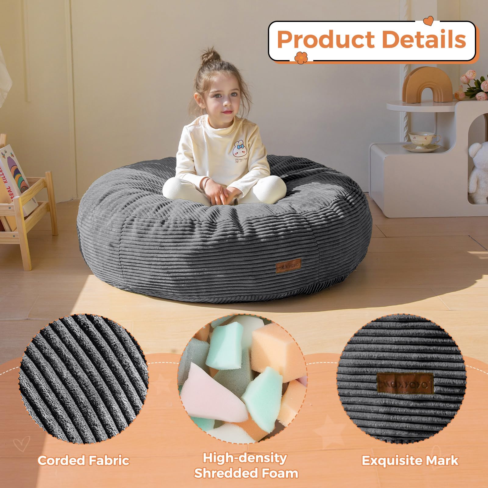 MAXYOYO 3-in-1 Convertible Kids Bean Bag Chair & Bed - Corduroy Round Floor Sofa for Children's Room, Gaming & Reading - Dark Grey - Perfect for Playrooms, Bedrooms & Dorm Rooms