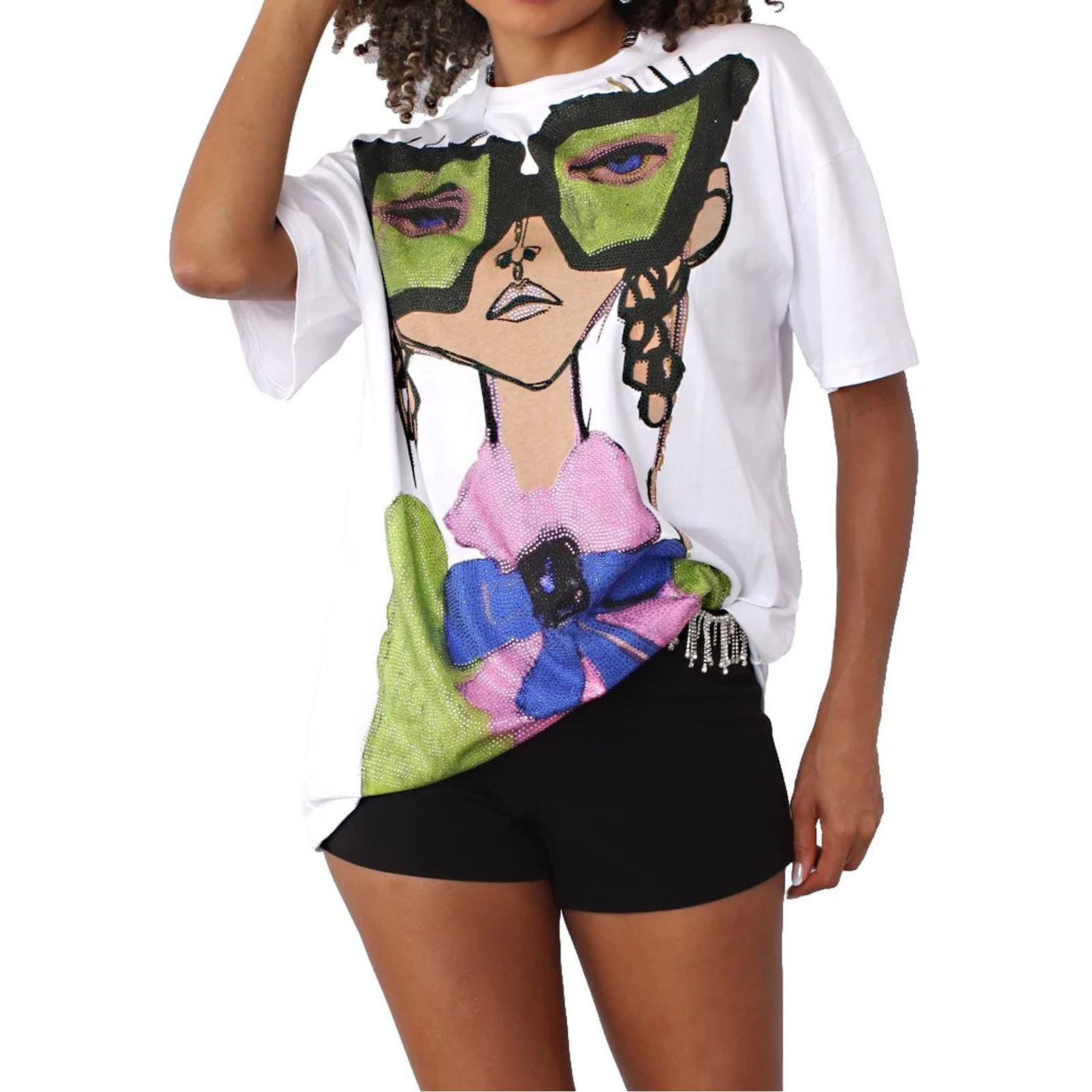 2025 Trendy Rhinestone Graphic Tees for Women - Summer Short Sleeve Going Out Tops | Perfect for Beach Parties, Night Out & Casual Wear