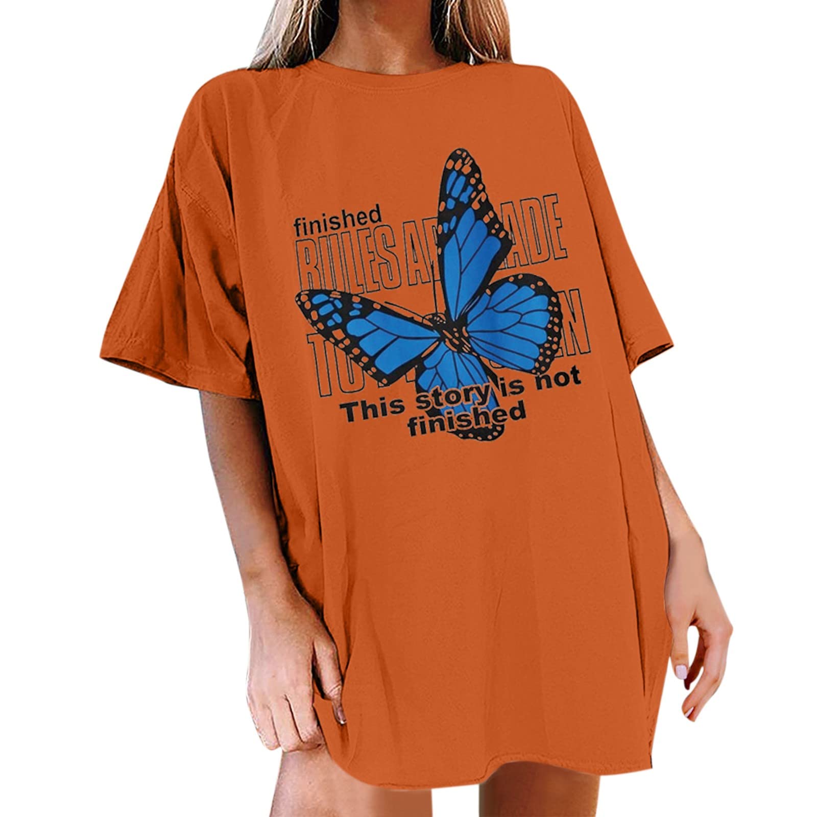 Women's Summer Flowy Tunic Tops - Butterfly Print Short Sleeve Blouse, Loose Casual Crewneck Shirt for Beach, Vacation & Everyday Wear