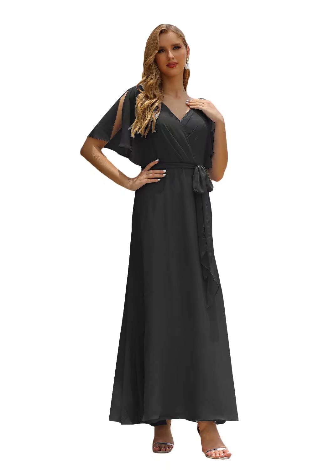 Elegant Short Sleeve Bridesmaid Dress with Sash - Double V-Neck Maxi Party Gown for Weddings, Formal Events & Evening Occasions | Perfect for Bridal Party, Prom & Special Celebrations