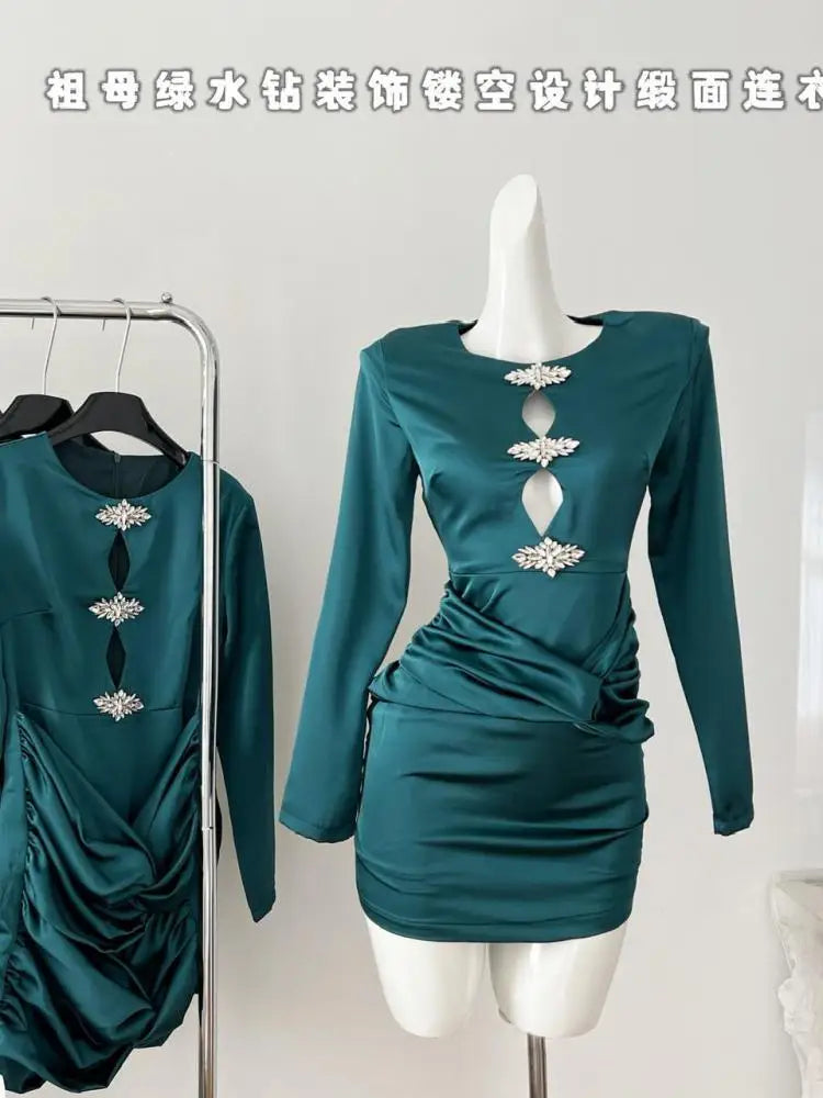 2024 Autumn Women's Green Diamond Elegant Wrap Hip Pleated Short Dress - Round Neck Hollow Out Sexy Party Evening Dress for Festival, Club & Date Night
