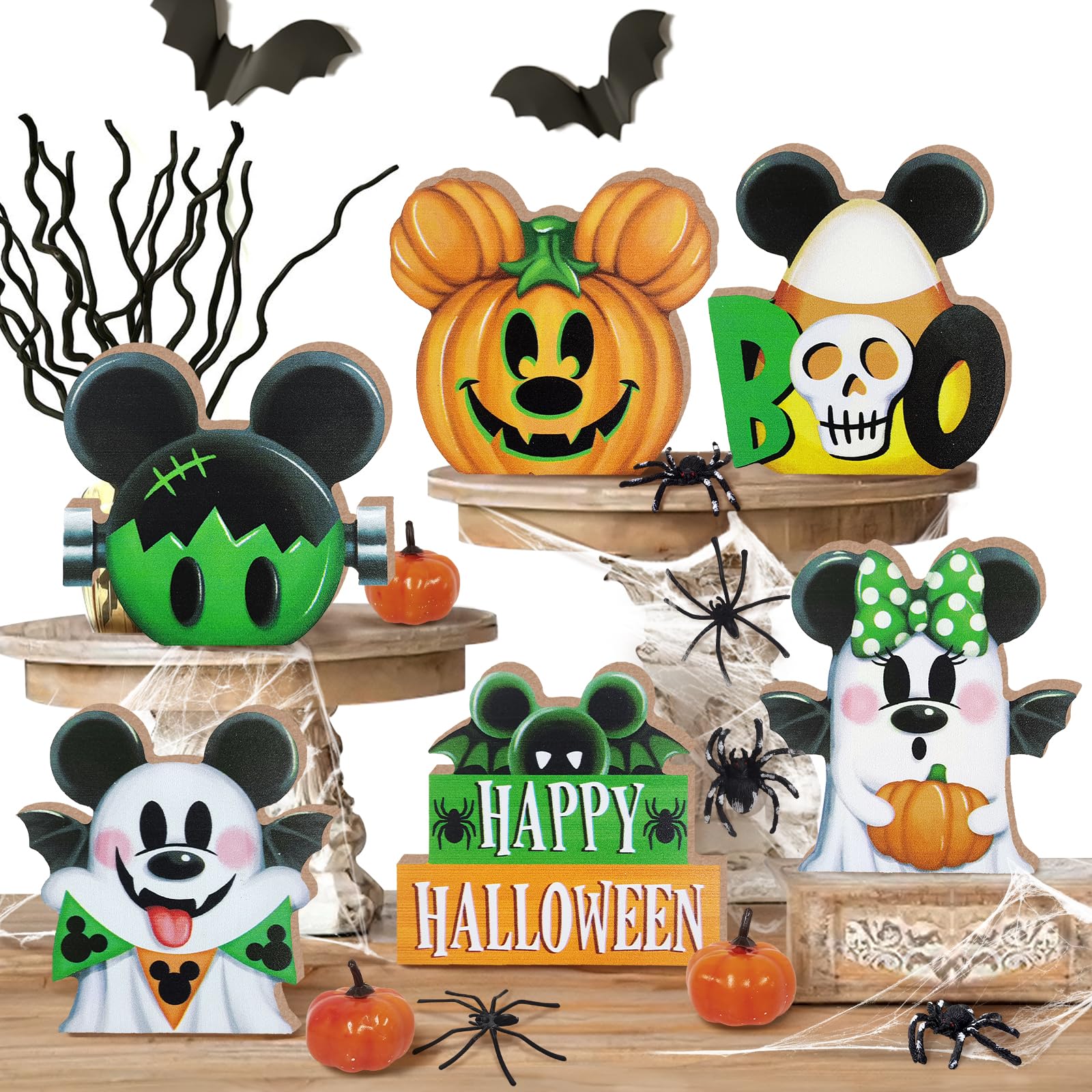 Halloween Tiered Tray Decor - Cute Green Ghost & Jack O Lantern Pumpkin Wooden Signs - Rustic Farmhouse Home Decor for Table, Shelf & Mantel - Perfect for Halloween Party, Fall Decorations & Spooky Home Staging