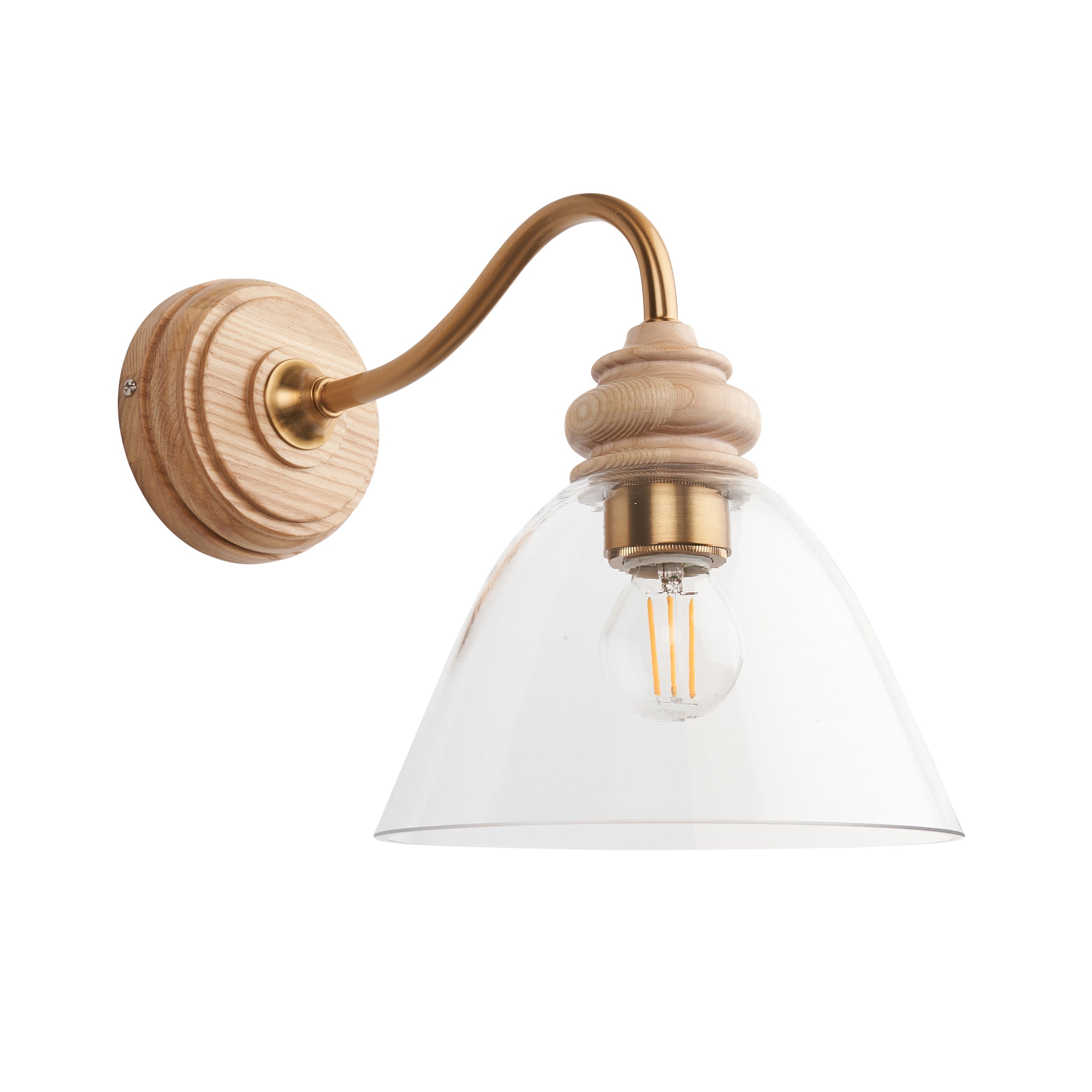 Vintage Cotswold Wood & Brass Wall Light with Glass Shade - Classic Farmhouse Sconce for Bedroom, Hallway, and Living Room Lighting