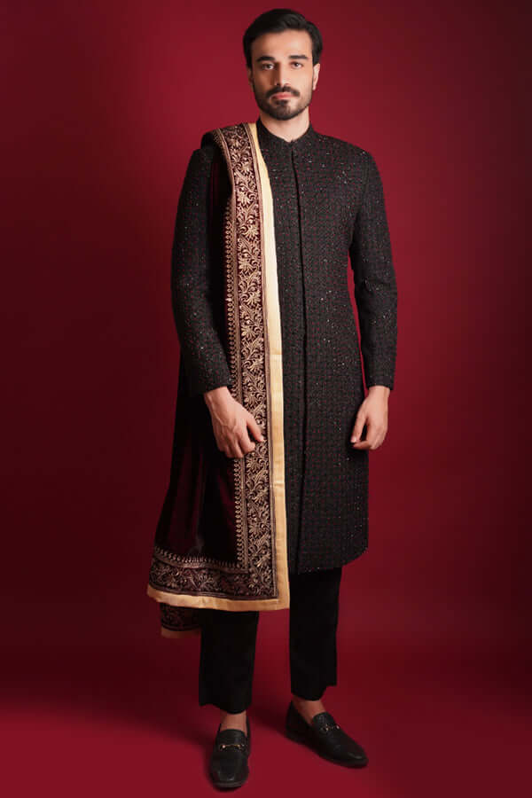 Elegant Jet Black Mughal Artwork Sherwani for Men | Traditional Indian Wedding Attire | Perfect for Grooms, Festivals & Special Occasions