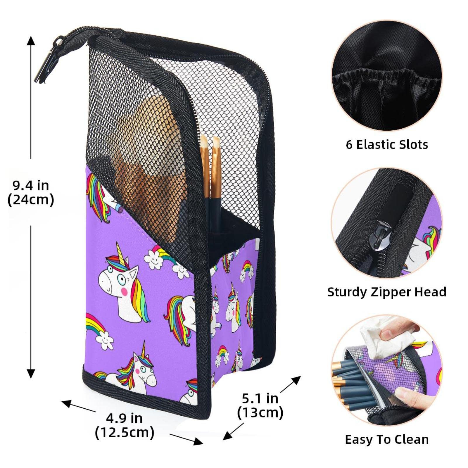 Portable Makeup Brush Organizer Bag with 12 Slots - Cute Unicorn Rainbow Pattern Cosmetic Brush Holder Case for Travel & Home Storage