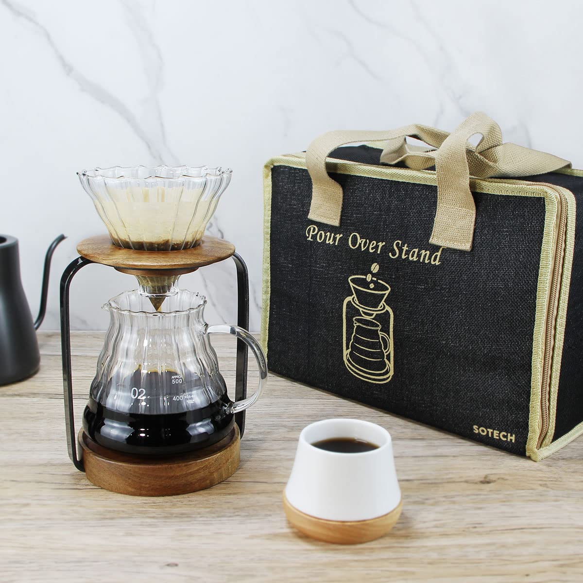 Premium Wooden Pour Over Coffee Stand Set - Glass Server, Dripper & Paper Filters for Perfect Coffee & Tea Brewing | Ideal for Home, Office & Cafe Use