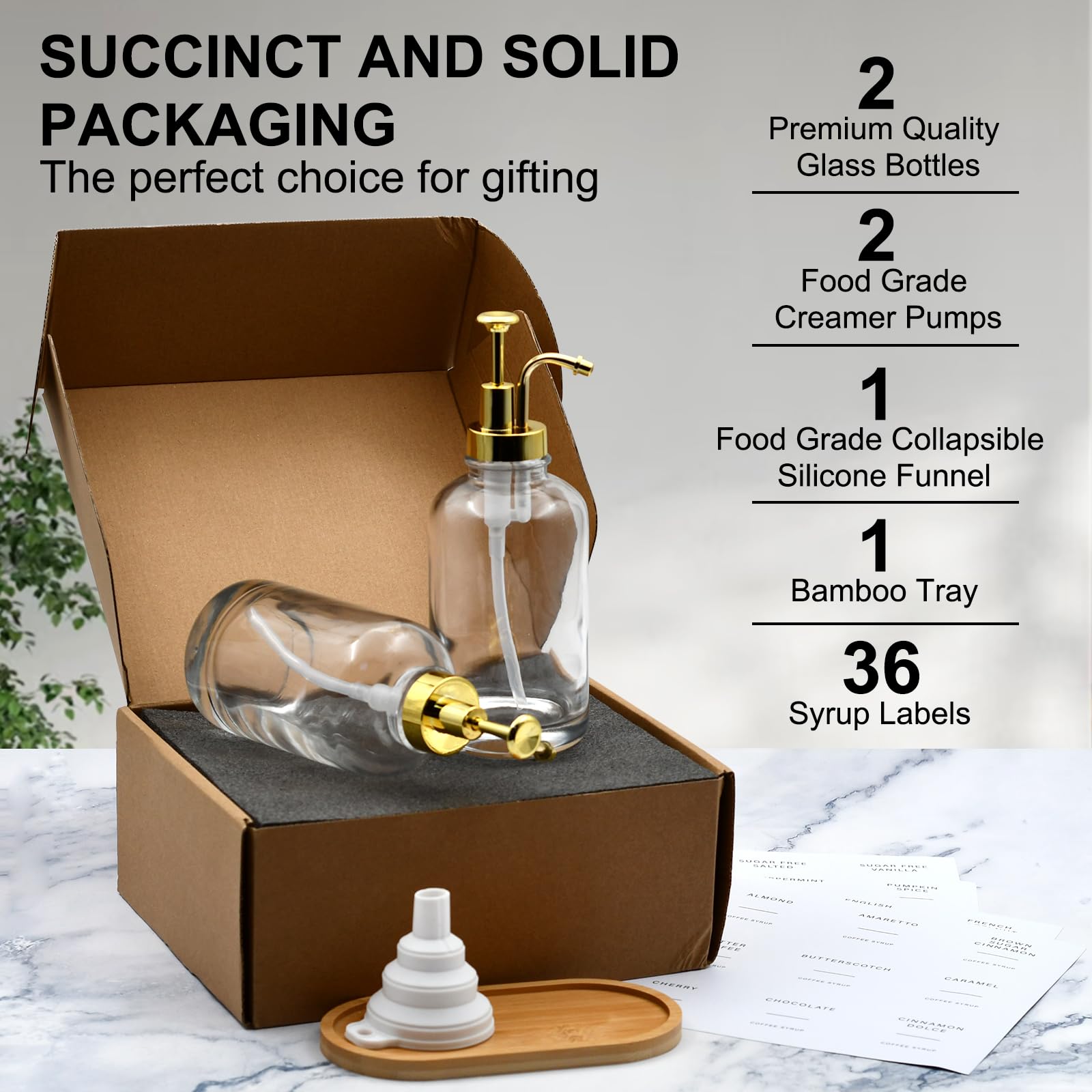 2-Pack 16.9 oz (500ml) Glass Coffee Syrup Dispenser Bottles with Gold Pump - Includes 36 Labels & Bamboo Tray - Perfect for Coffee Shops, Home Bars & DIY Beverage Stations
