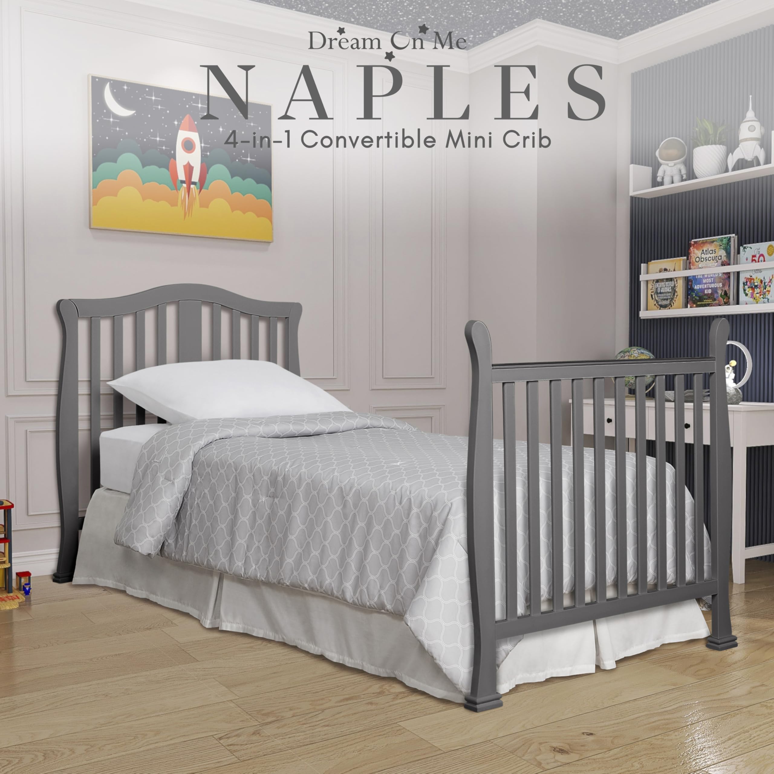 Dream On Me Addison 4-in-1 Convertible Mini Crib - Steel Grey | Greenguard Gold Certified | Non-Toxic New Zealand Pinewood | Includes 1