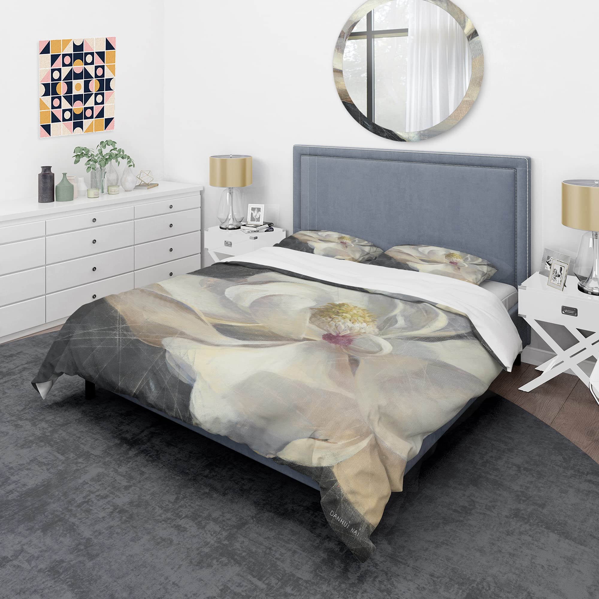 DesignQ Vivid White Magnolia IV Shabby Chic Duvet Cover Set - King Size 3-Piece Floral Bedding | Soft All-Season Luxury Bedding for Master Bedroom & Guest Room Decor