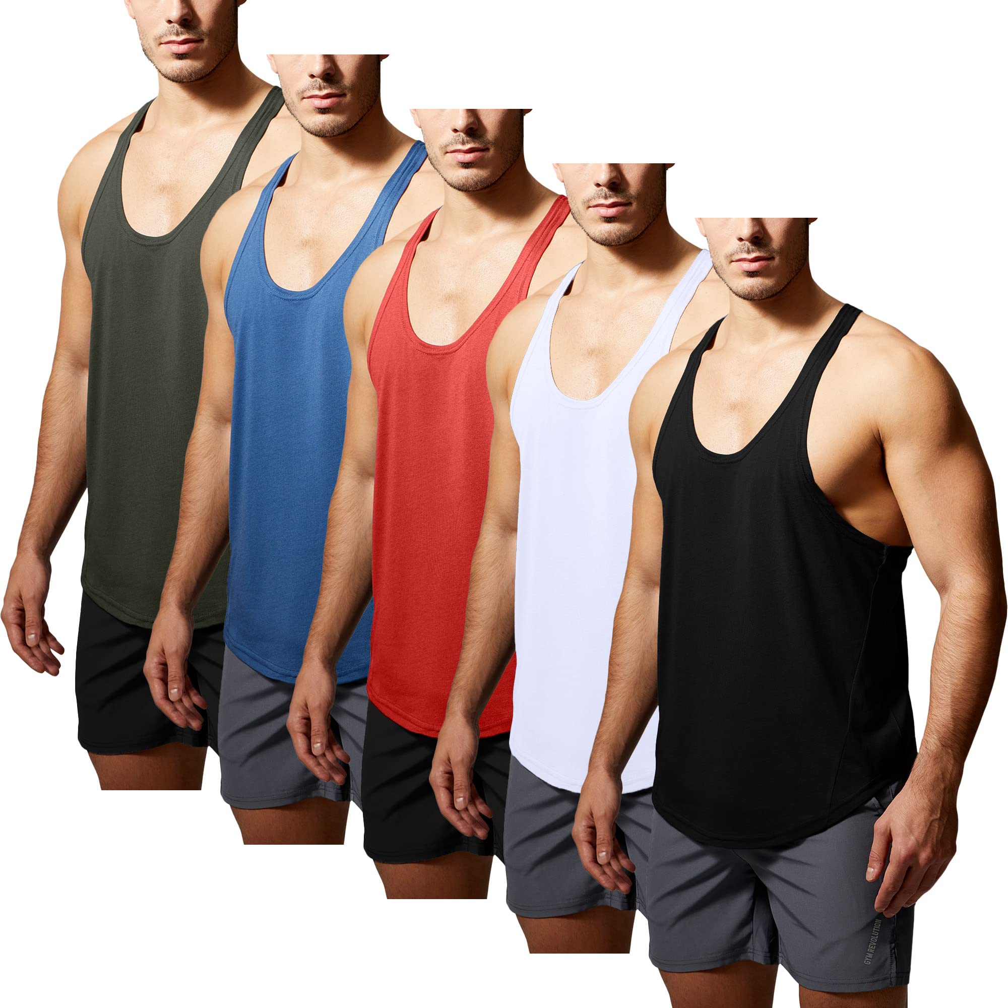 GYM REVOLUTION Men's 5 Pack Workout Tank Tops - Moisture Wicking Fitness Shirts for Gym, Running & Training - Breathable Sleeveless Muscle Tees for Men's Activewear