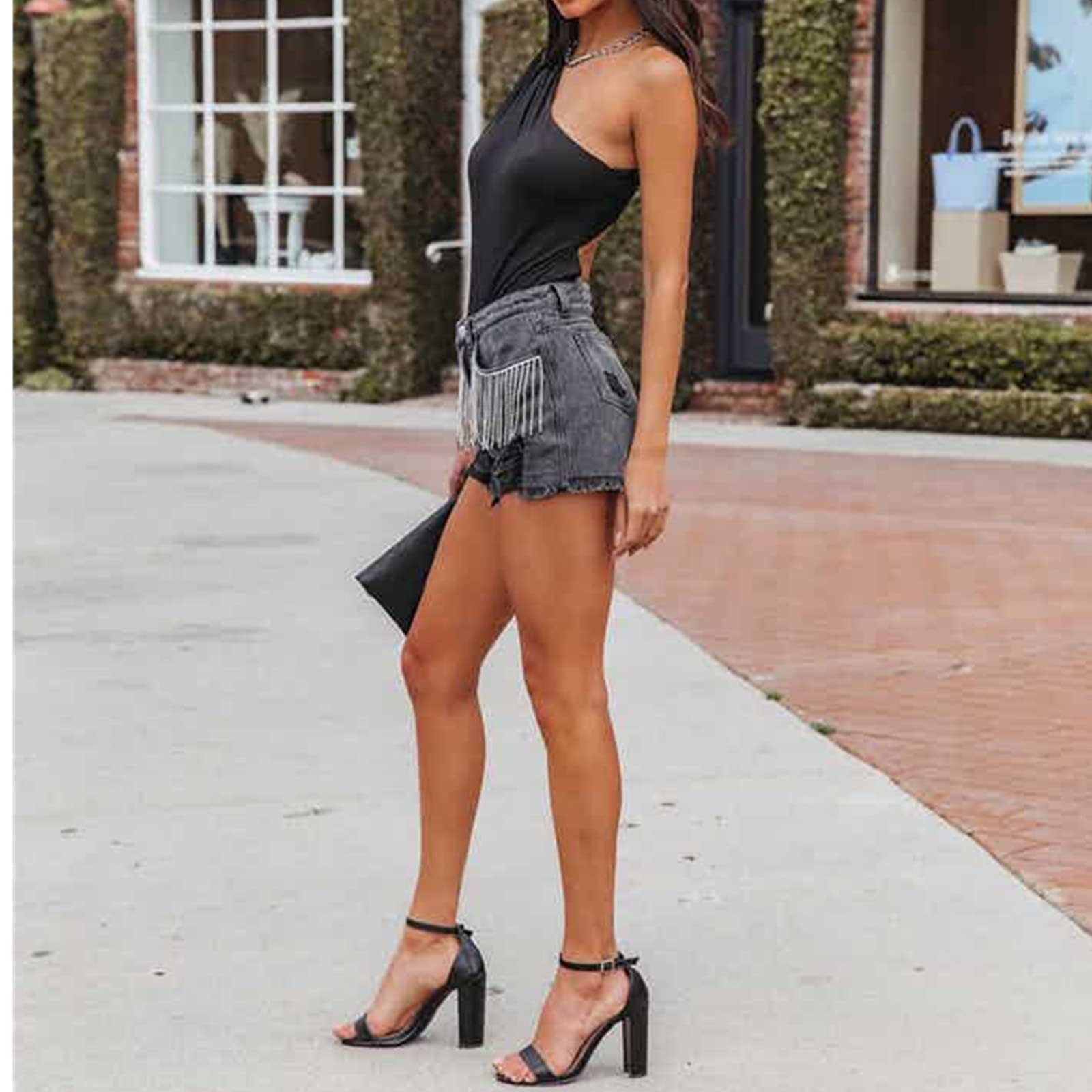 Stylish Women's Rhinestone Denim Shorts - Mid Waist Ripped Frayed Raw Hem Stretch Jean Shorts with Pockets | Perfect for Summer Outfits, Beach Vacations & Casual Wear