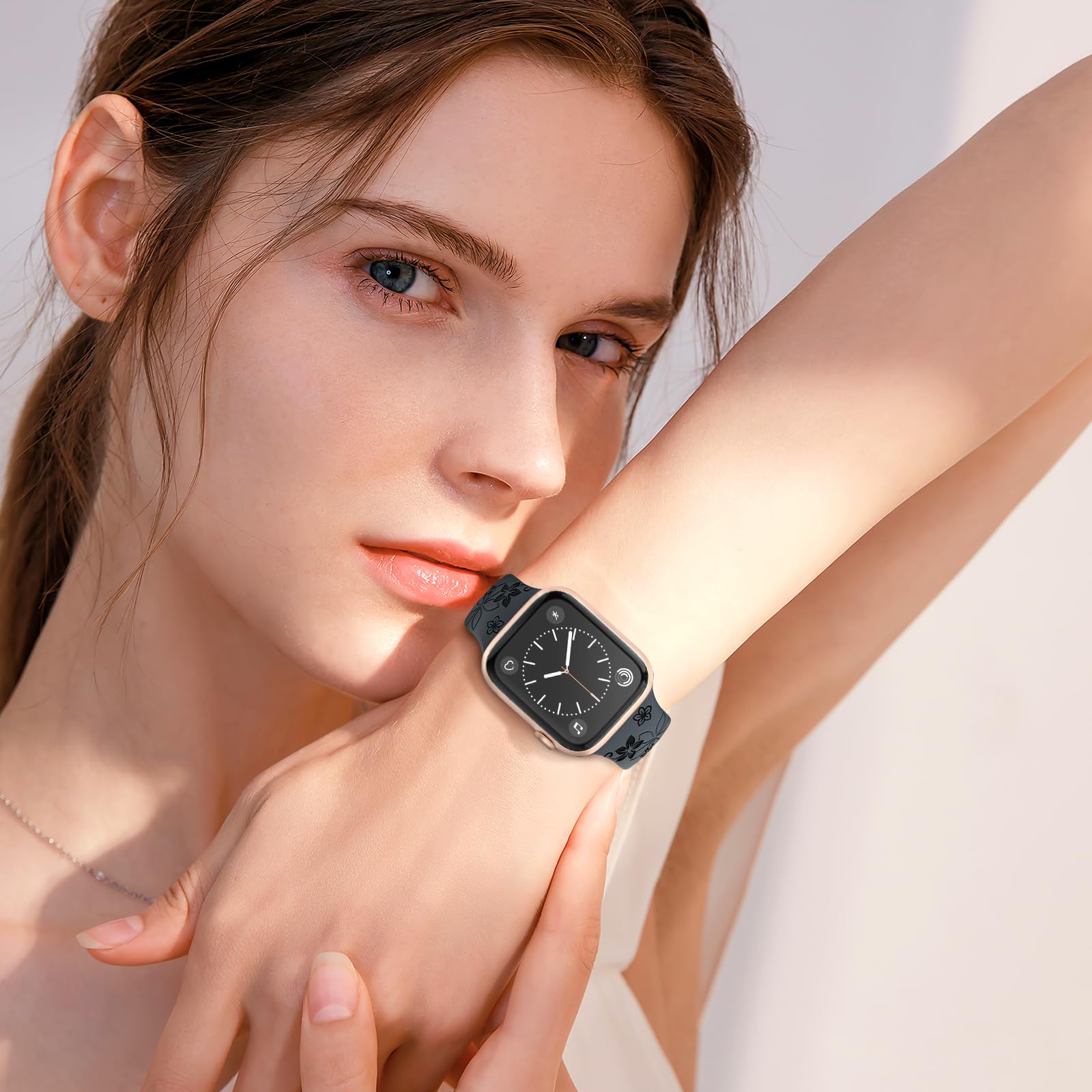 Floral Engraved Apple Watch Bands 38mm 40mm 41mm 42mm 44mm 45mm 46mm 49mm - Soft Silicone Sport Strap Compatible with iWatch Series 10/9/8/7/6/5/4/3/2/1/SE/Ultra - Women's Fashion Flower Design Accessory for Workout, Running & Everyday Wear