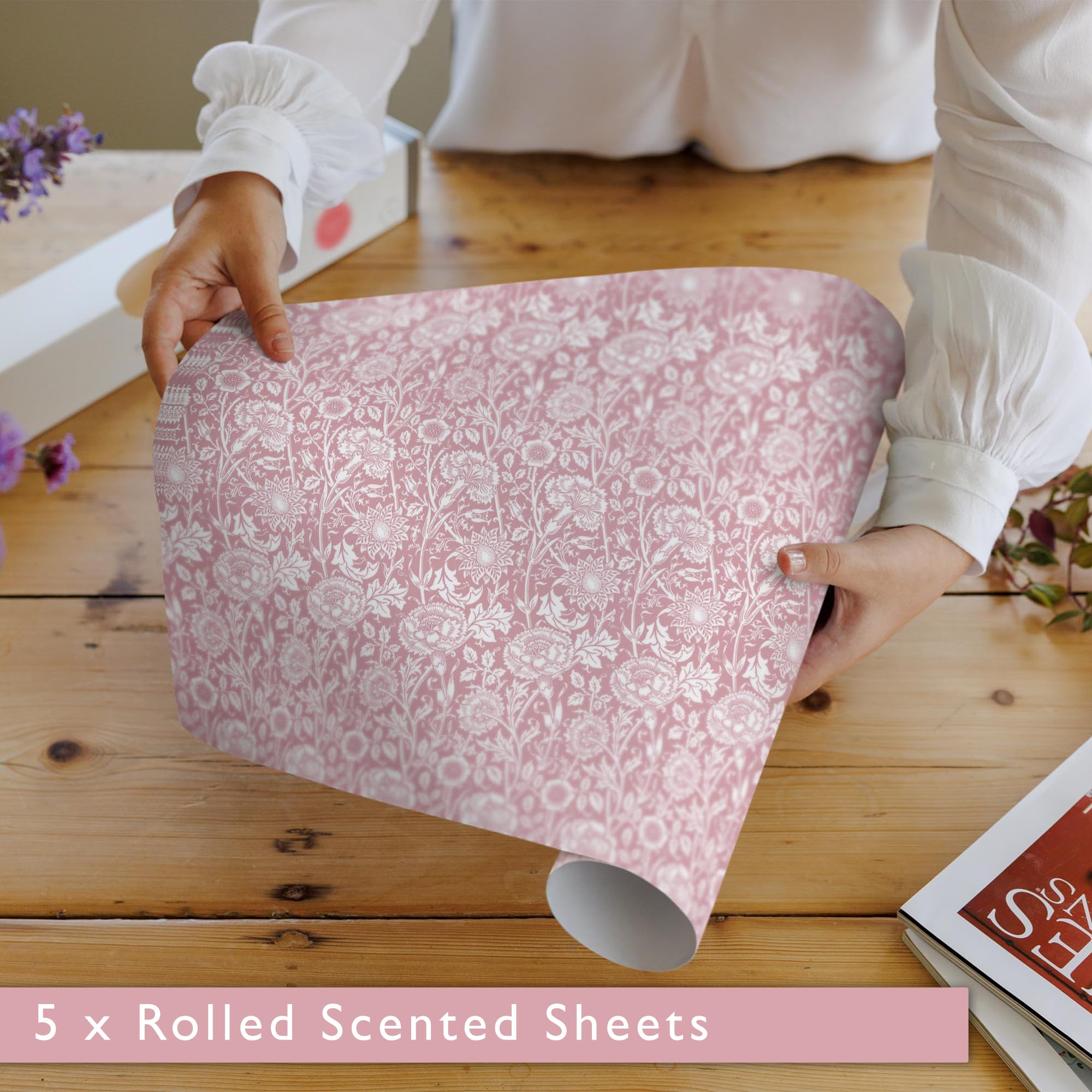 Pink William Morris Rose Scented Drawer Liners - Pack of 5 Folded Sheets with Rose Essential Oil | UK Made | Perfect for Dresser Drawers, Wardrobes & Closet Organization