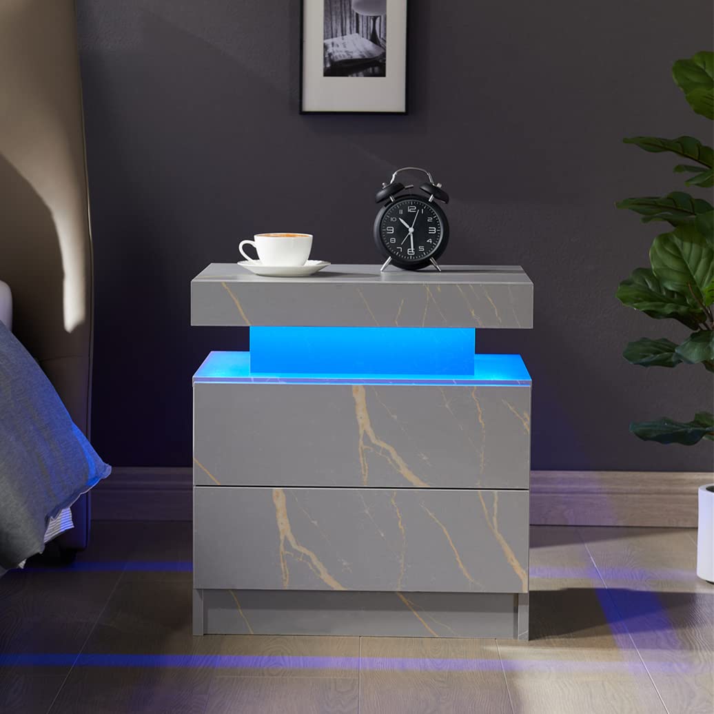 2 Drawer Nightstand with RGB LED Lights - Modern Bedside Table for Bedroom & Living Room, Marbled Wood Finish Grey - Perfect for Small Spaces, Apartment Decor & Home Organization