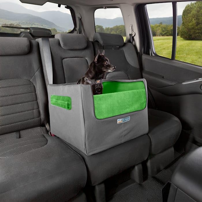 Kurgo Skybox Rear Booster Seat for Dogs & Cats - Pet Car Seat Carrier for Small Pets Up to 30 lbs - Helps Prevent Dog Car Sickness - Includes Safety Seatbelt Tether (Grass Green/Charcoal) - Perfect for Road Trips & Vet Visits