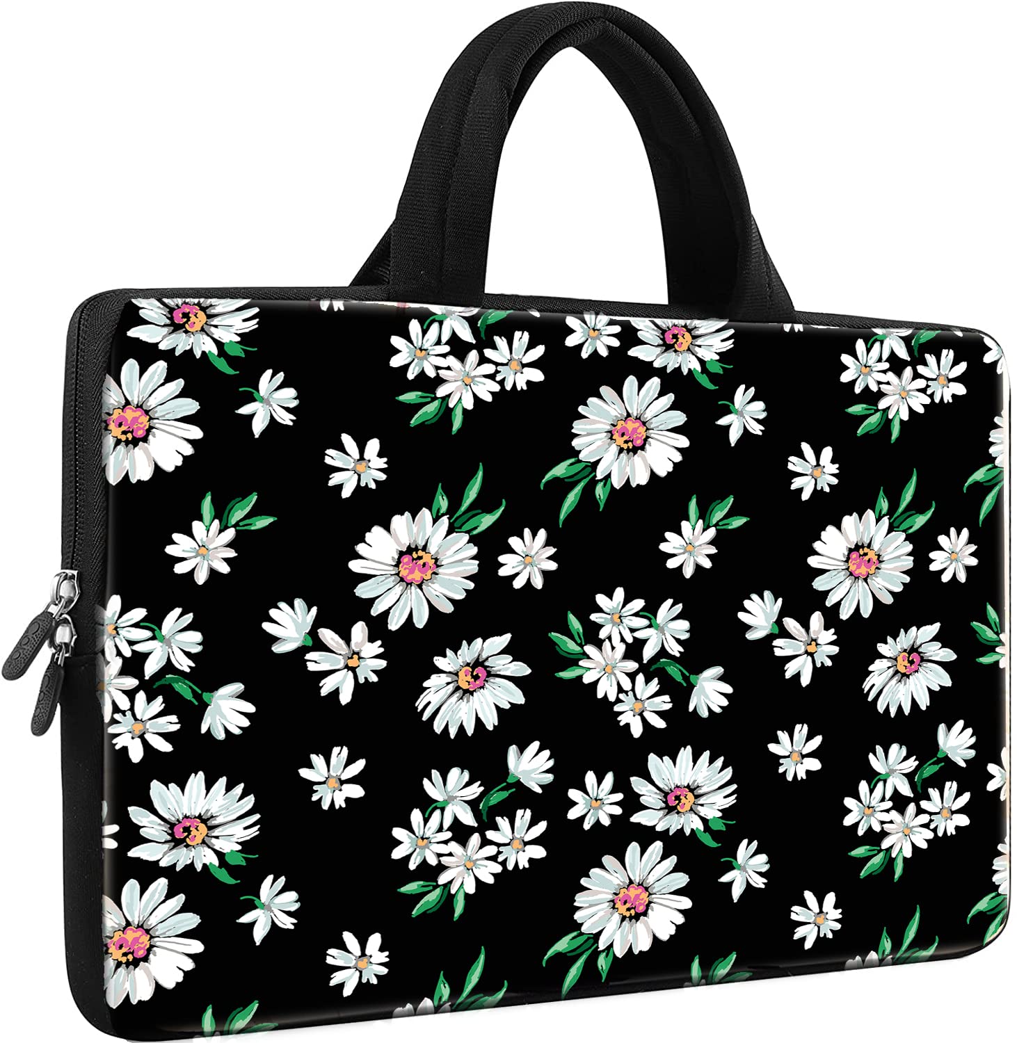 iColor 14-15.6 Inch Laptop Sleeve Case for Chromebook Notebook - Neoprene Protective Cover with Handle, Soft Pouch Holder (Black Flowers Design) - Perfect for Work, School & Travel - ICB-17