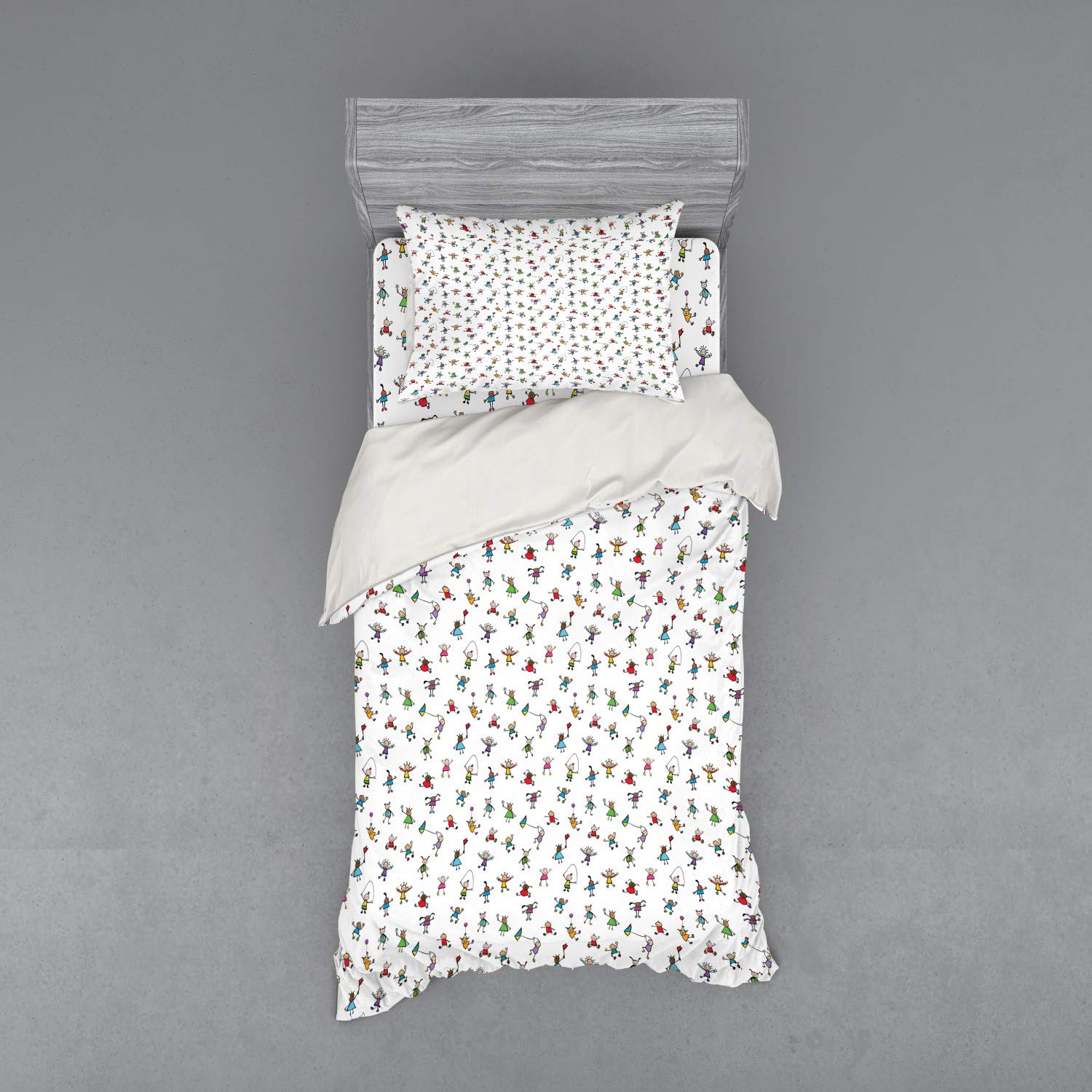 Ambesonne Colorful Duvet Cover Set - Playful Field Doodle Cartoon Design 3-Piece Bedding Set with Pillow Sham & Fitted Sheet, Twin Size, Multicolor - Perfect for Kids' Rooms, Dorm Decor & Whimsical Bedroom Themes
