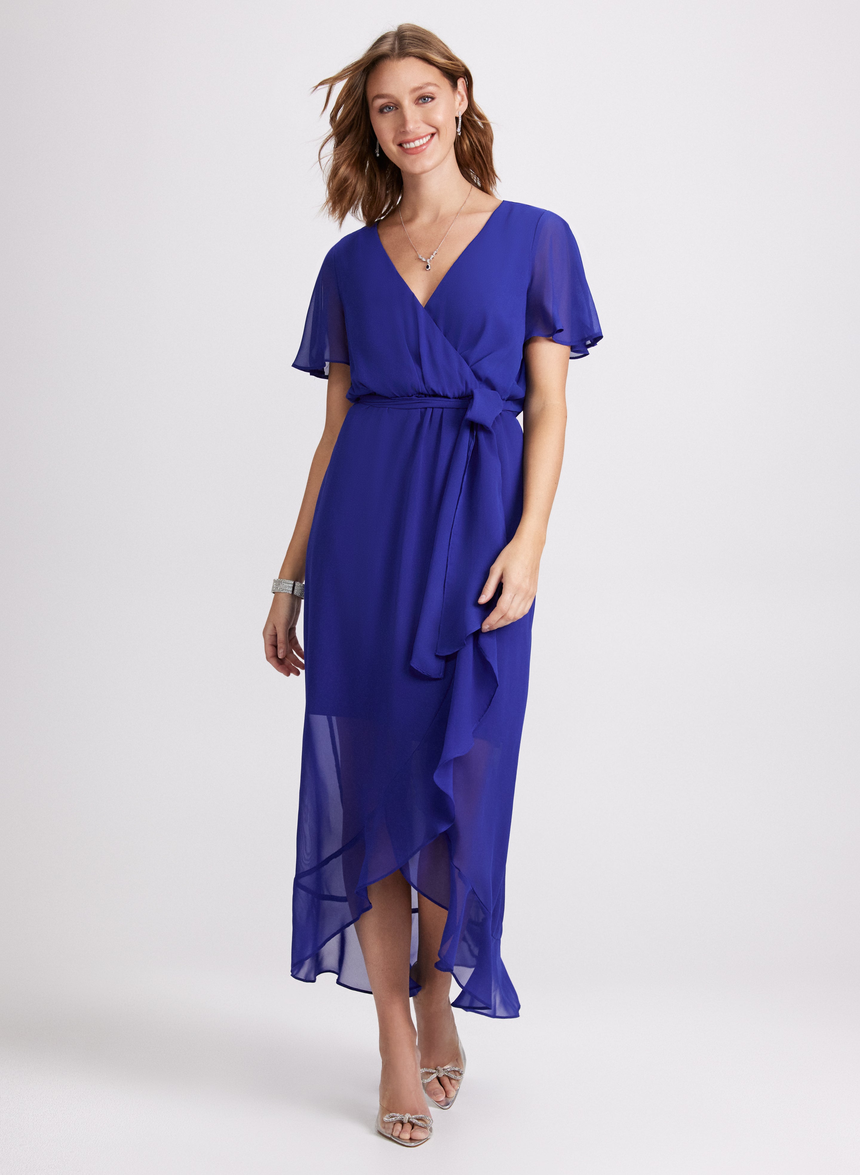 Flare Sleeve Wrap Over Dress for Women - Elegant V-Neck A-Line Midi Dress with Ruffle Sleeves for Date Night, Party & Special Occasions