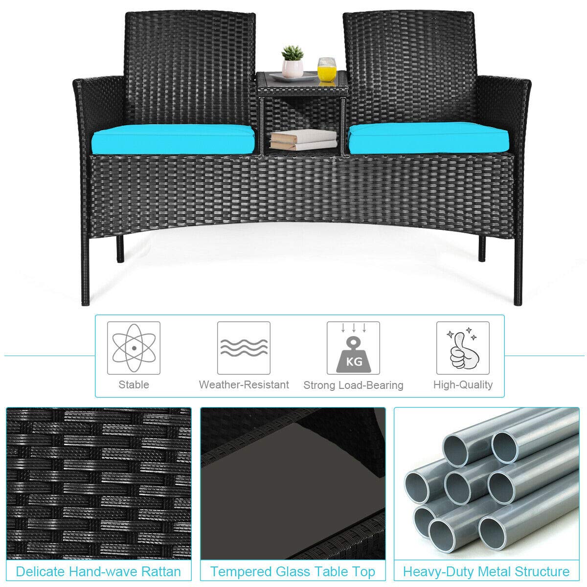 Relax4Life Outdoor Rattan Wicker Loveseat Set with Coffee Table & Removable Cushions - Patio, Garden, Balcony, Porch Furniture for Relaxing & Entertaining (Black & Blue) - Perfect for Backyard Lounging, Poolside Chats & Summer Gatherings