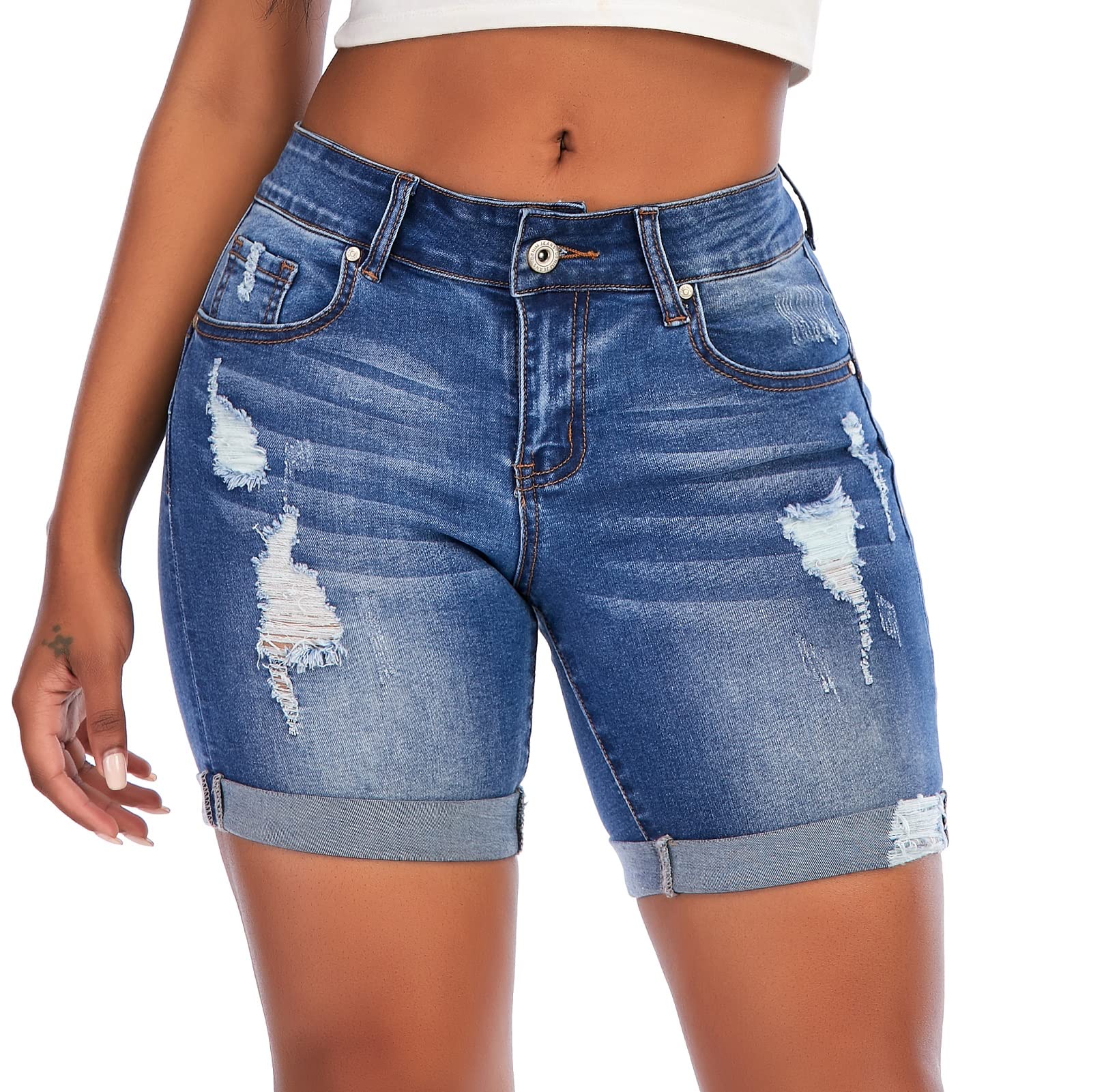Brazibry Women's Plus Size Distressed Denim Bermuda Shorts - High Waist Stretch Jean Shorts for Summer, Casual Wear & Beach Vacation