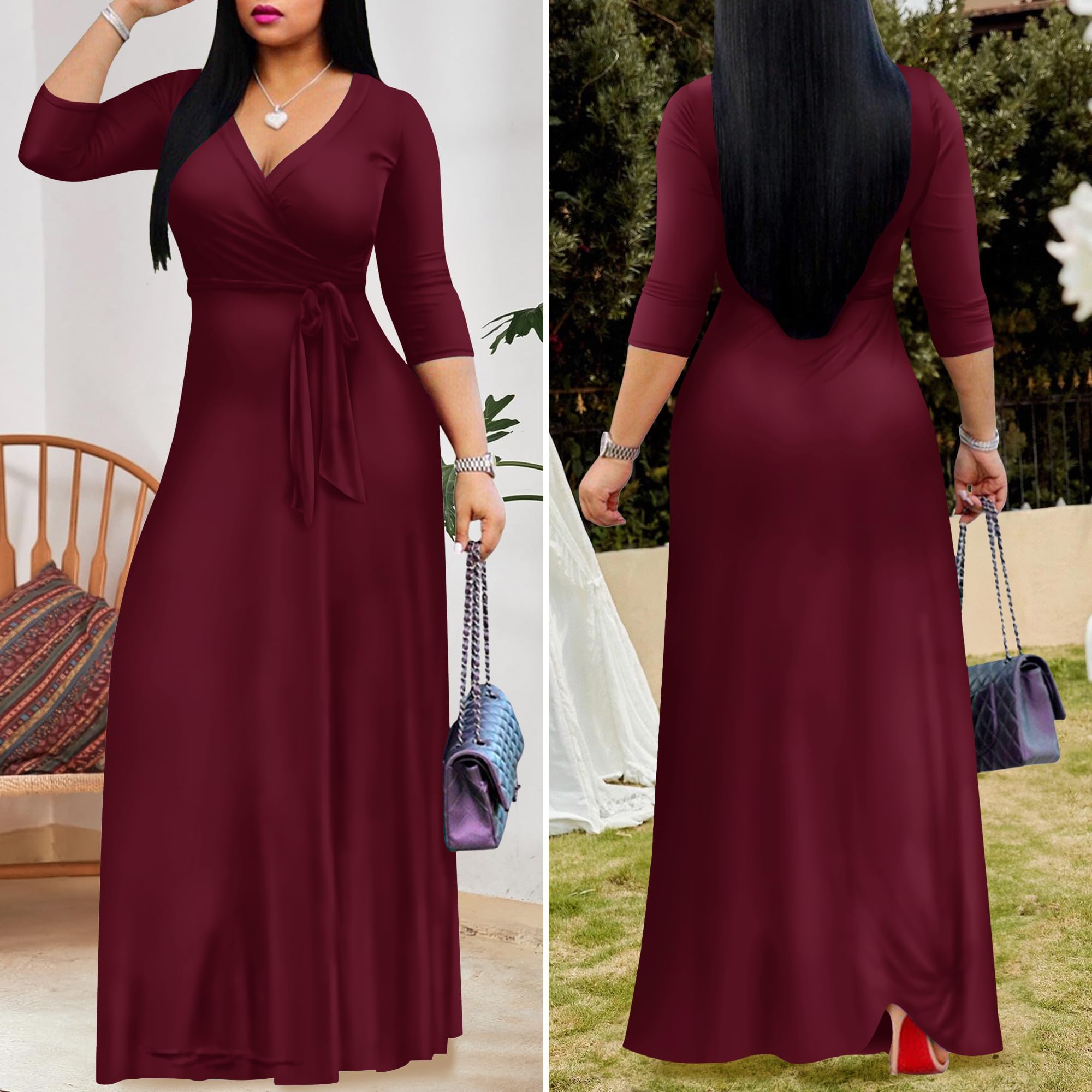 FANDEE Women's 2025 Maxi Dress - Solid Color Bohemian Summer Long Dress with V-Neck & 3/4 Sleeves | Beach Wedding, Vacation, Party Wear | Flowy Casual & Elegant Outfit