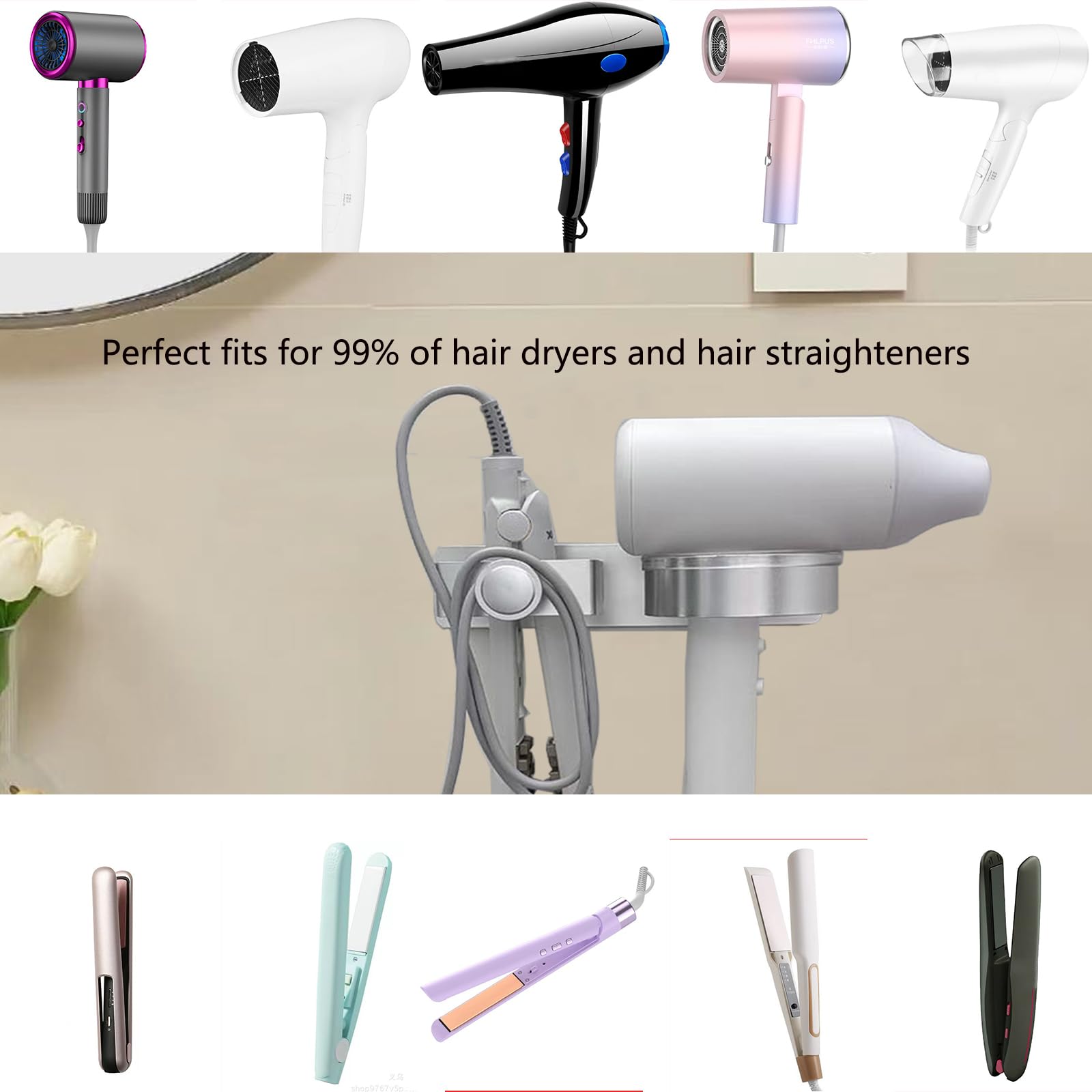 Stainless Steel Wall Mounted Hair Dryer Holder & Hair Straightener Organizer for Blow Dryer, Flat Iron, Curling Iron - Perfect for Bathroom, Salon, and Home Organization