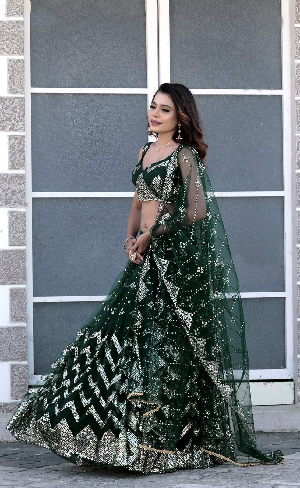 Dark Green Soft Net Sequined Lehenga Choli for Women - Indian Bridal Wear, Wedding Party Outfit, Festive Occasion Costume (D615) | Perfect for Diwali, Sangeet, Mehendi & Reception