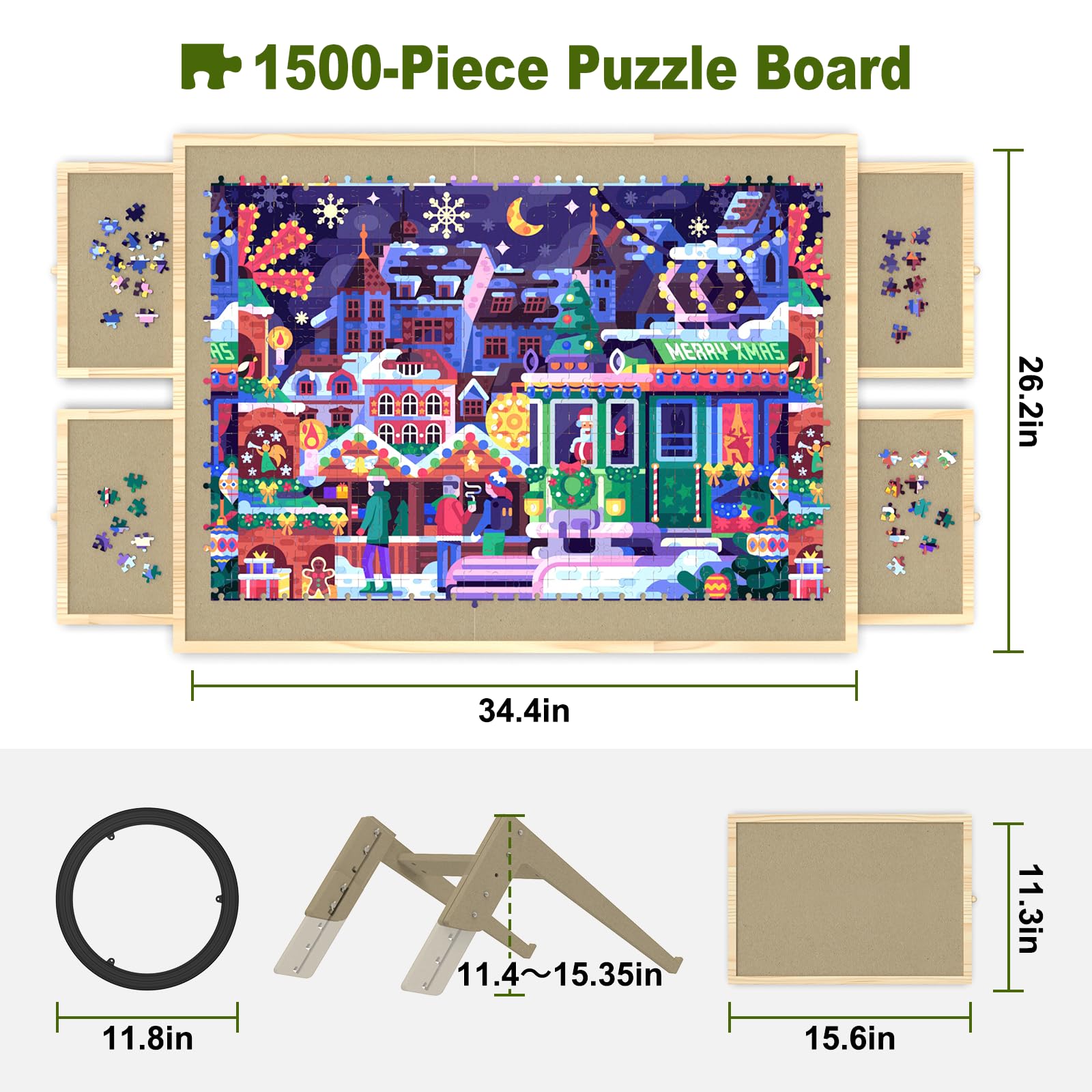 1500 Piece Jigsaw Puzzle Board with Drawers & Cover - Adjustable Tilt Stand & Rotating Lazy Susan - Portable Puzzle Mat for Adults & Kids - Perfect for Family Game Nights, Travel & Home Entertainment