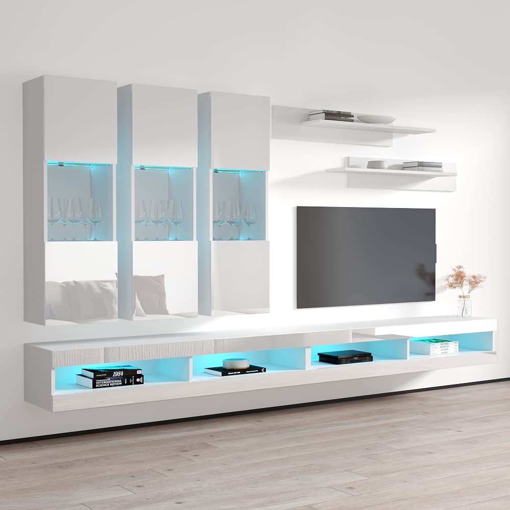 Modern Floating TV Stand with Storage & LED Lights - Wall-Mounted Entertainment Center for Bedroom & Living Room - White TV Console with Shelves - Perfect for Small Spaces & Home Theater Setup