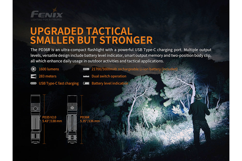 Fenix PD36R Tactical LED Flashlight - 2000 Lumens, USB-C Rechargeable, Waterproof for Outdoor, Camping, Hiking & Emergency Use