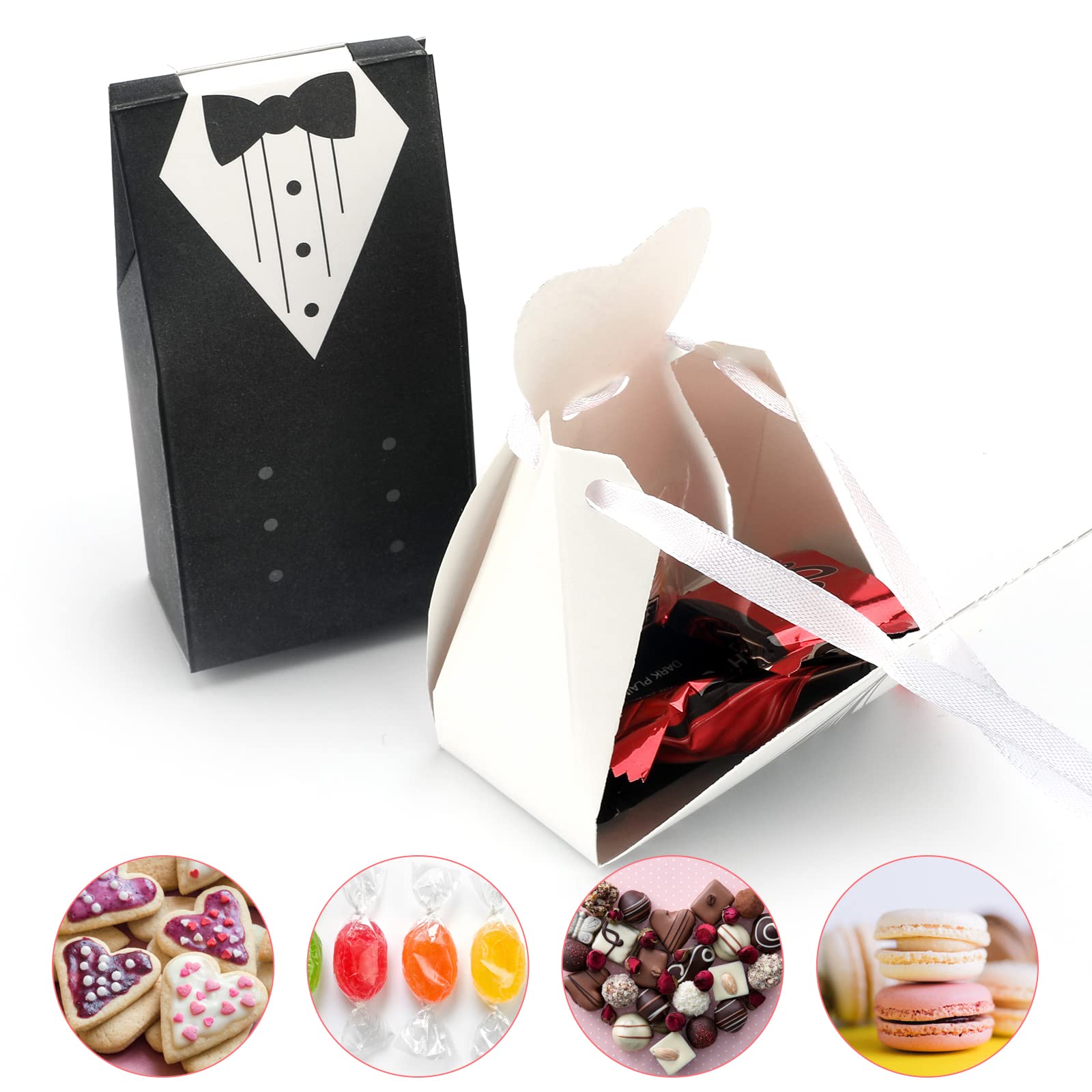 G2PLUS Elegant Wedding Favor Candy Boxes - 100PCS Bride & Groom Tuxedo Gift Boxes with Ribbon for Weddings, Bridal Showers, Christmas Parties - Perfect for Party Favors, Candy Gifts & Special Occasions