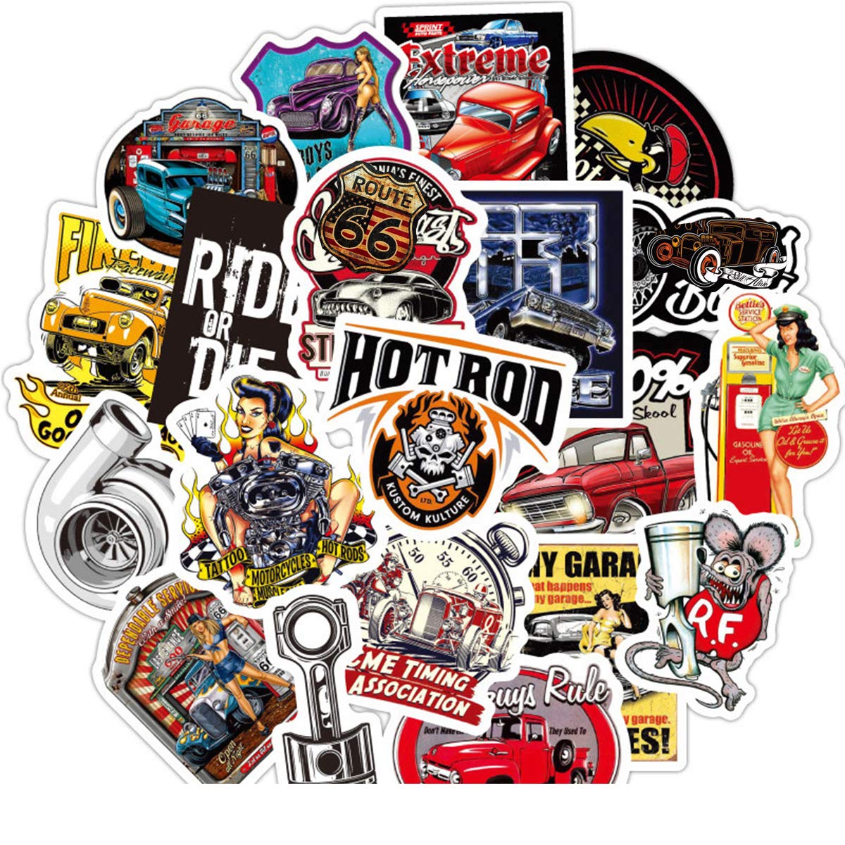 50 PCS Hot Rod Classic Car Vinyl Stickers - Waterproof Decals for Laptop, Scrapbook, Motorcycle, Bicycle & Luggage - Durable Decorative Stickers for Car Enthusiasts & DIY Projects