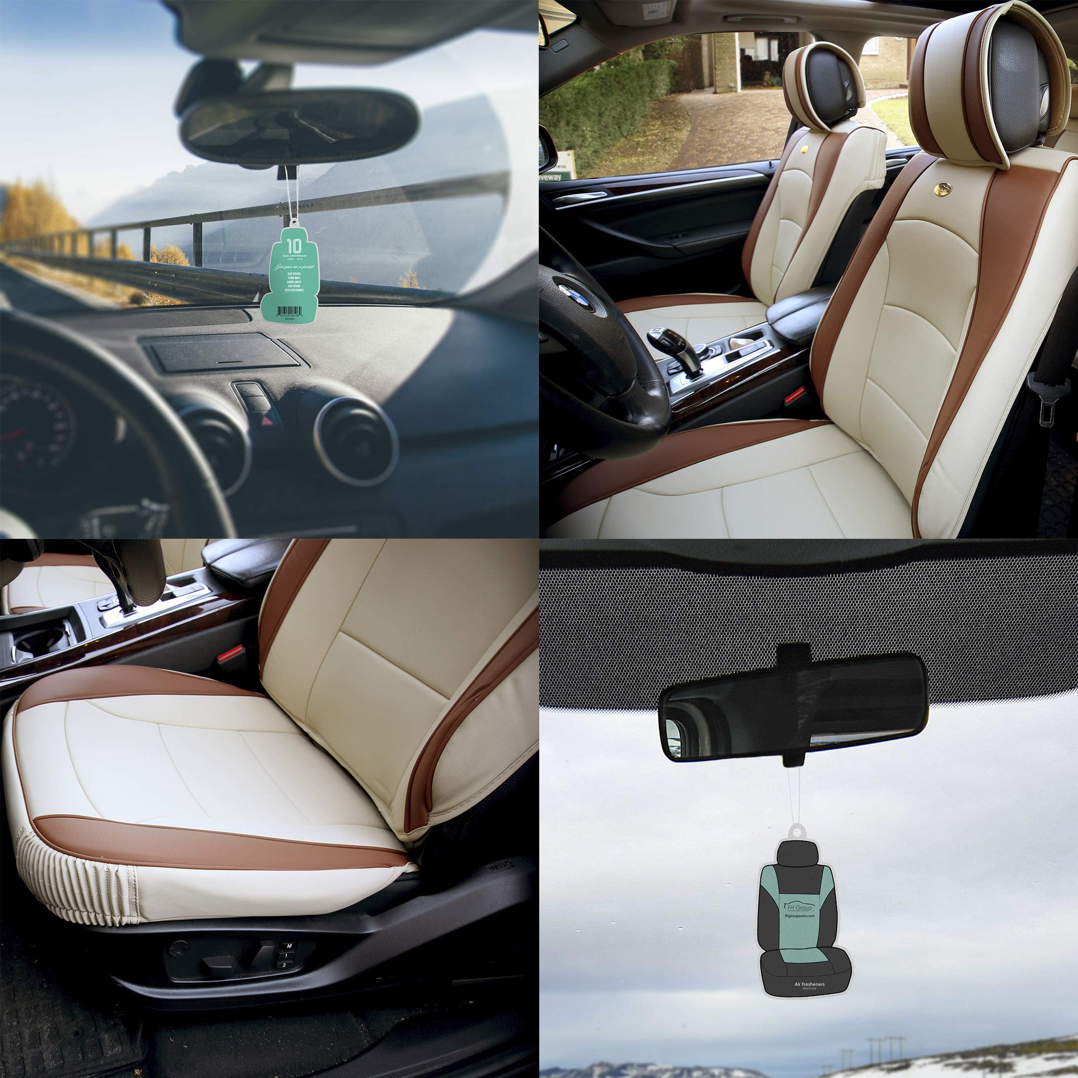Premium TLH Ultra Comfort Leatherette Seat Cushions (Front Only) - Beige Tan Car Seat Covers with Air Freshener | Automotive Interior Accessories for SUV, Sedan & Truck | Waterproof & Non-Slip Car Seat Protector for Long Drives, Commuting & Road Trips