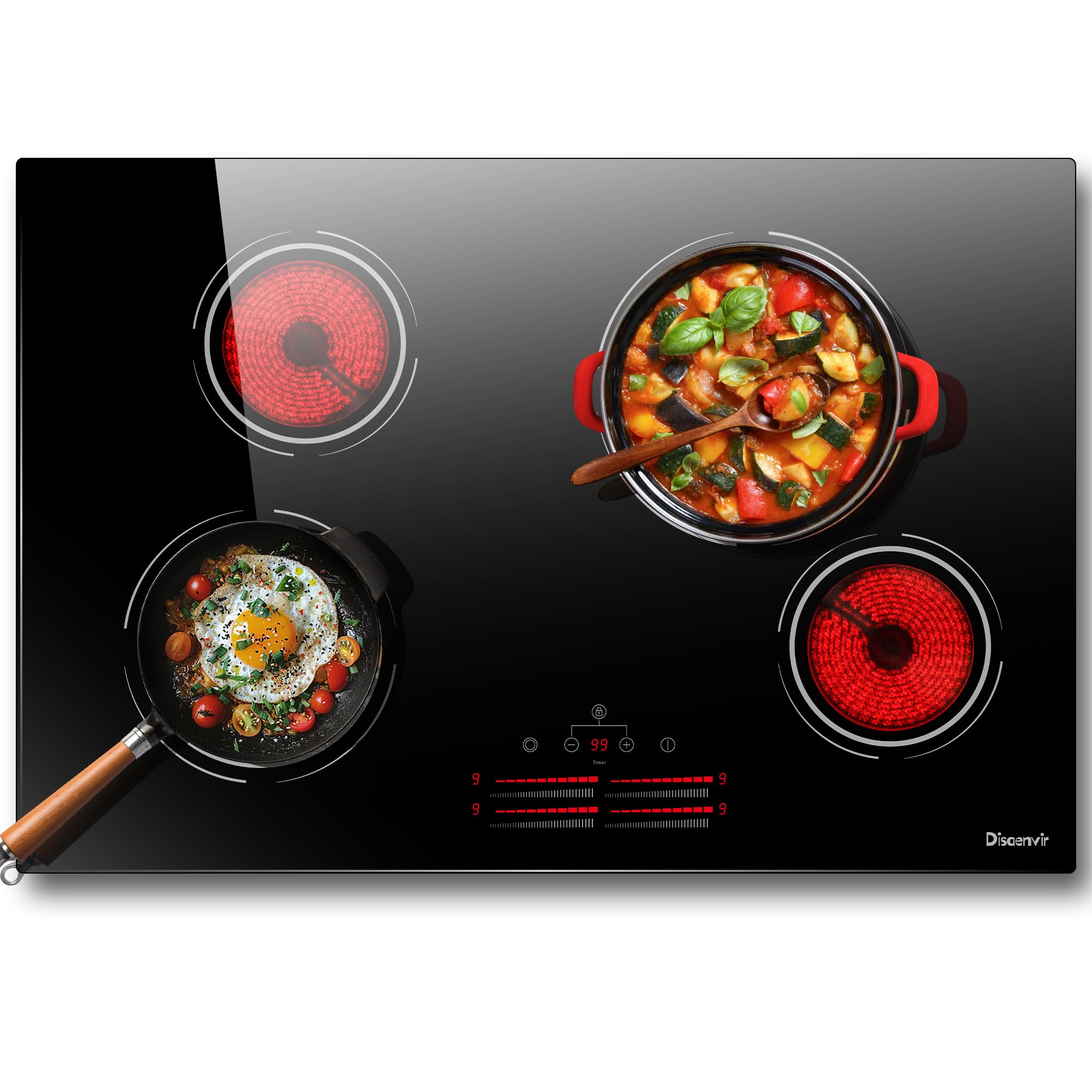 4 Burner Electric Cooktop 30 Inch - 6500W High Power Built-in Ceramic Stove with Safety Lock, 99-Min Timer & Dual Ring Technology | Sensor Touch Controls | 220V-240V Hardwired (No Plug) | Perfect for Modern Kitchens, Home Renovations & Professional Cooking
